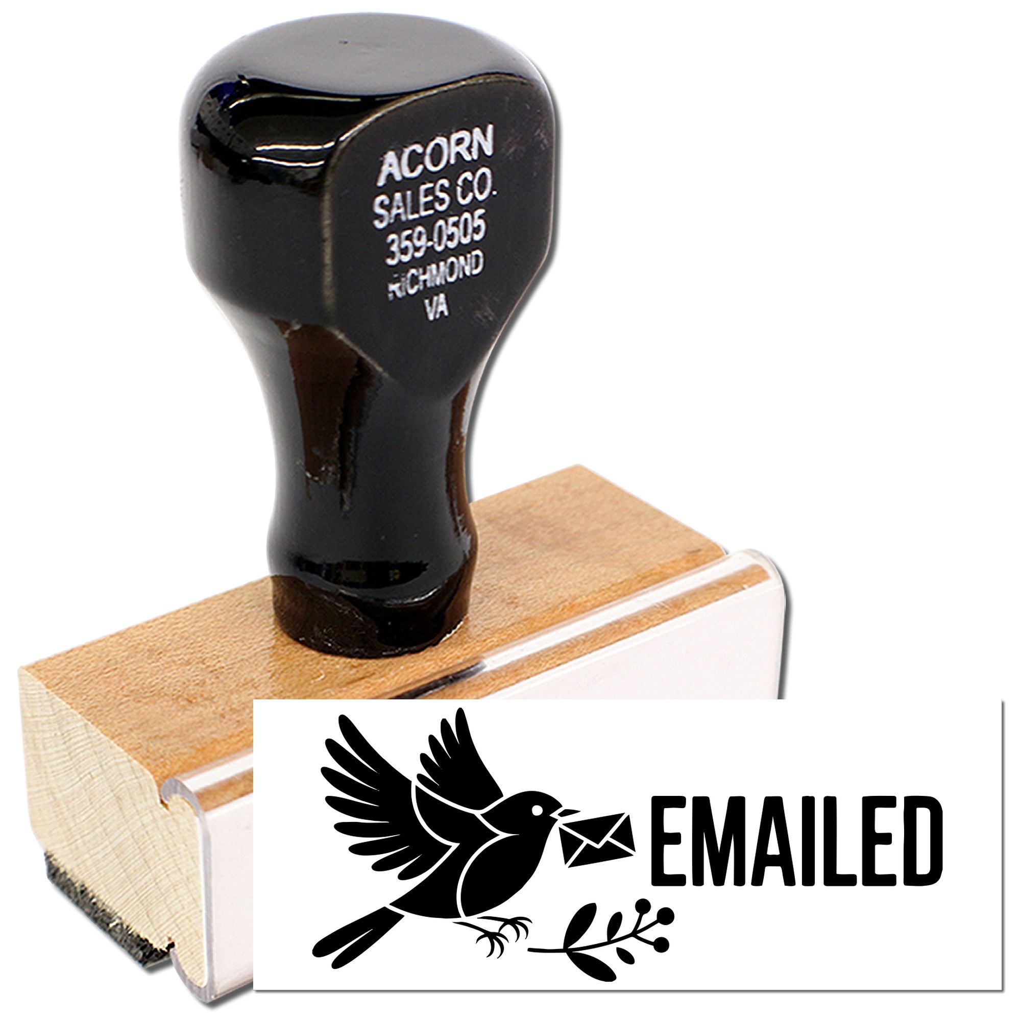 Custom rubber stamp showing an EMAILED bird design for marking business correspondence.