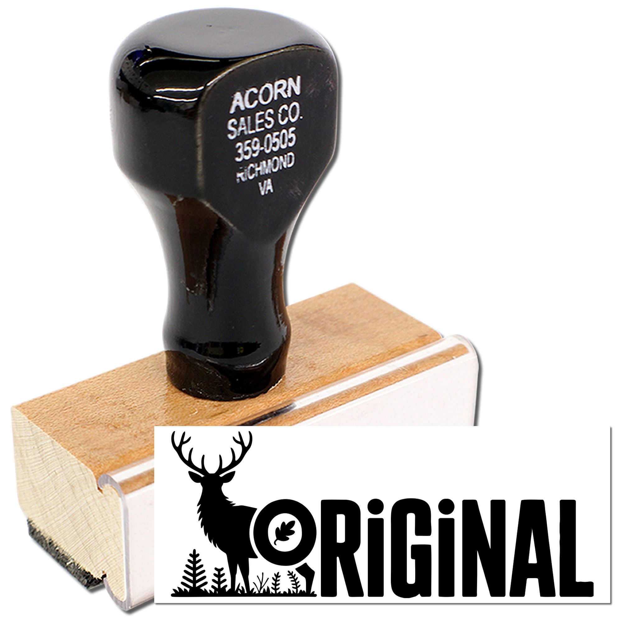 Custom wooden rubber stamp with deer logo and Original design for branded packaging and craft stamping.