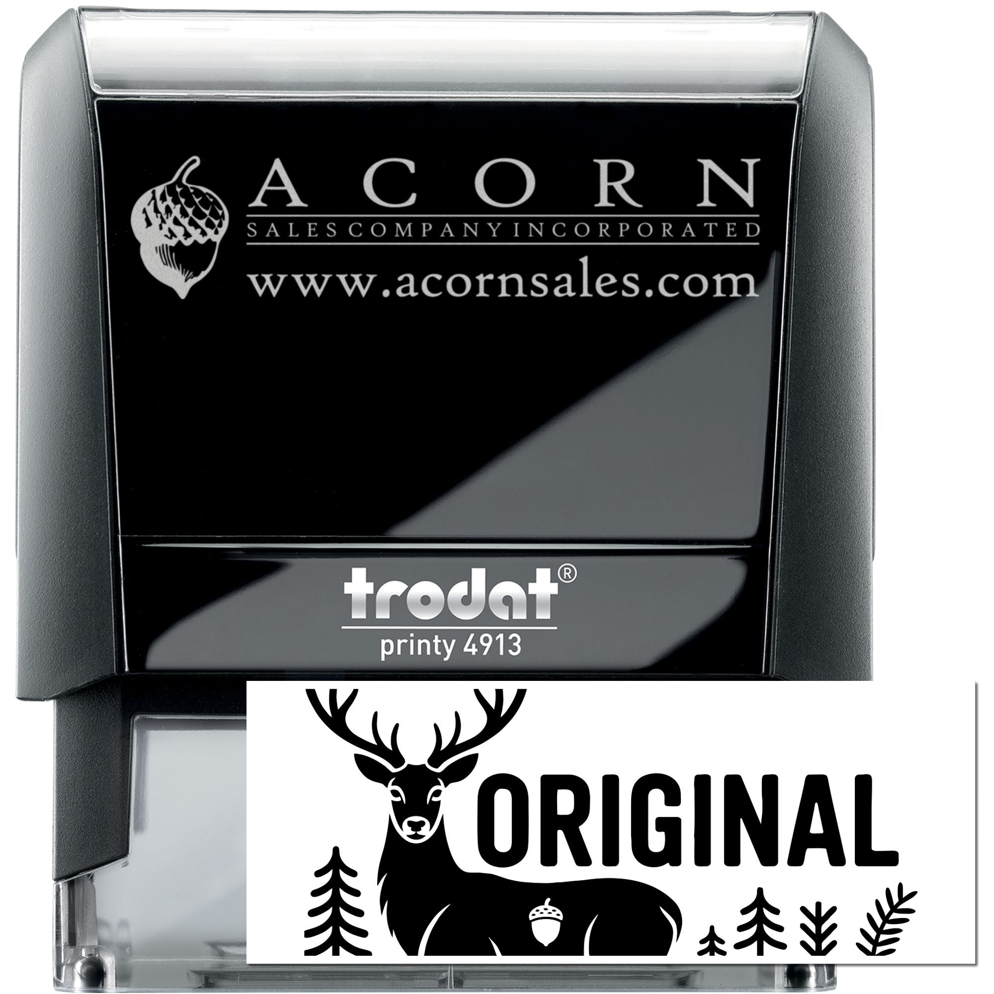 Custom self-inking logo rubber stamp with Acorn Sales Company artwork, website and Trodat Printy 4913 case for business use.