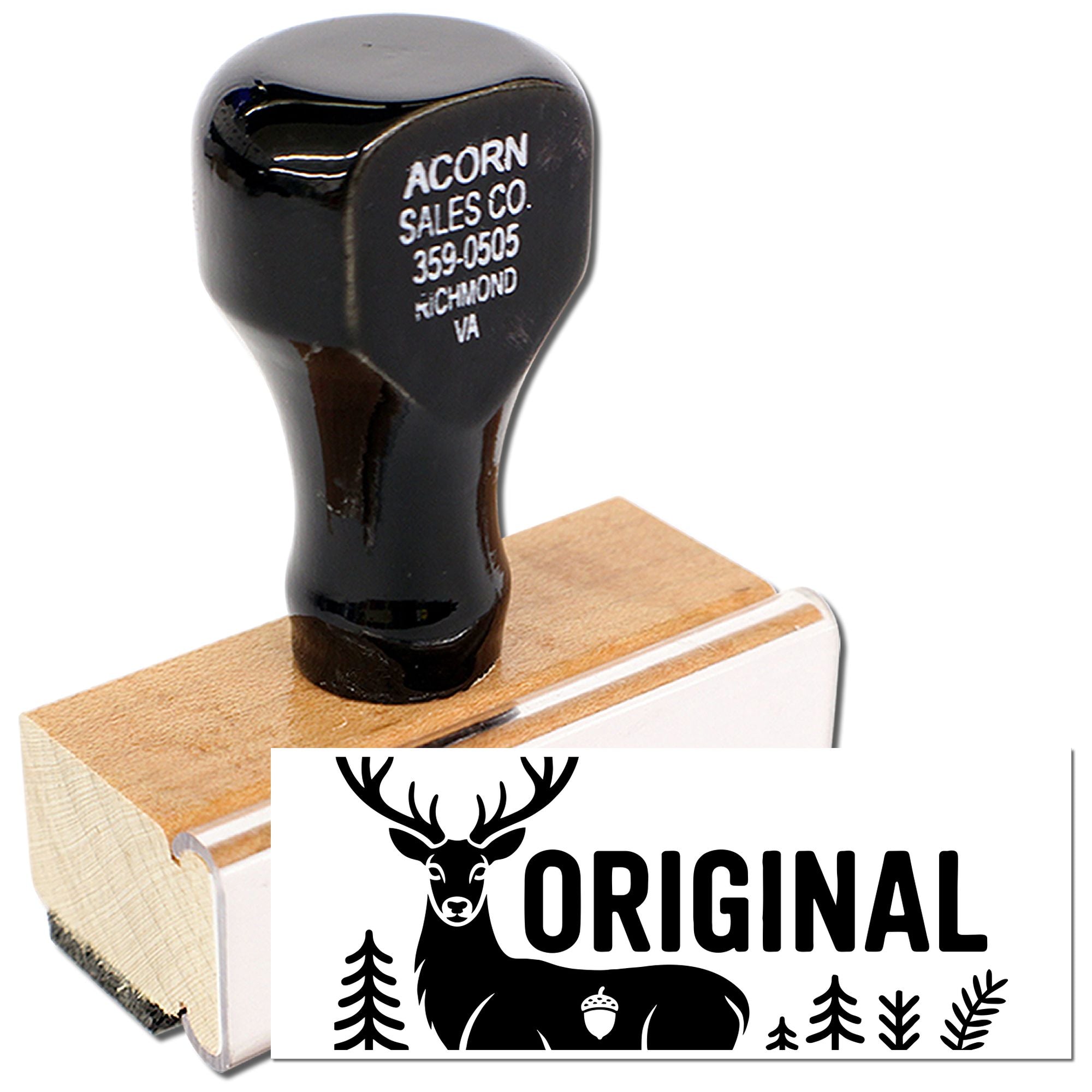 Custom logo rubber stamp with deer design and Original imprint for Acorn Sales Co. branding and packaging.