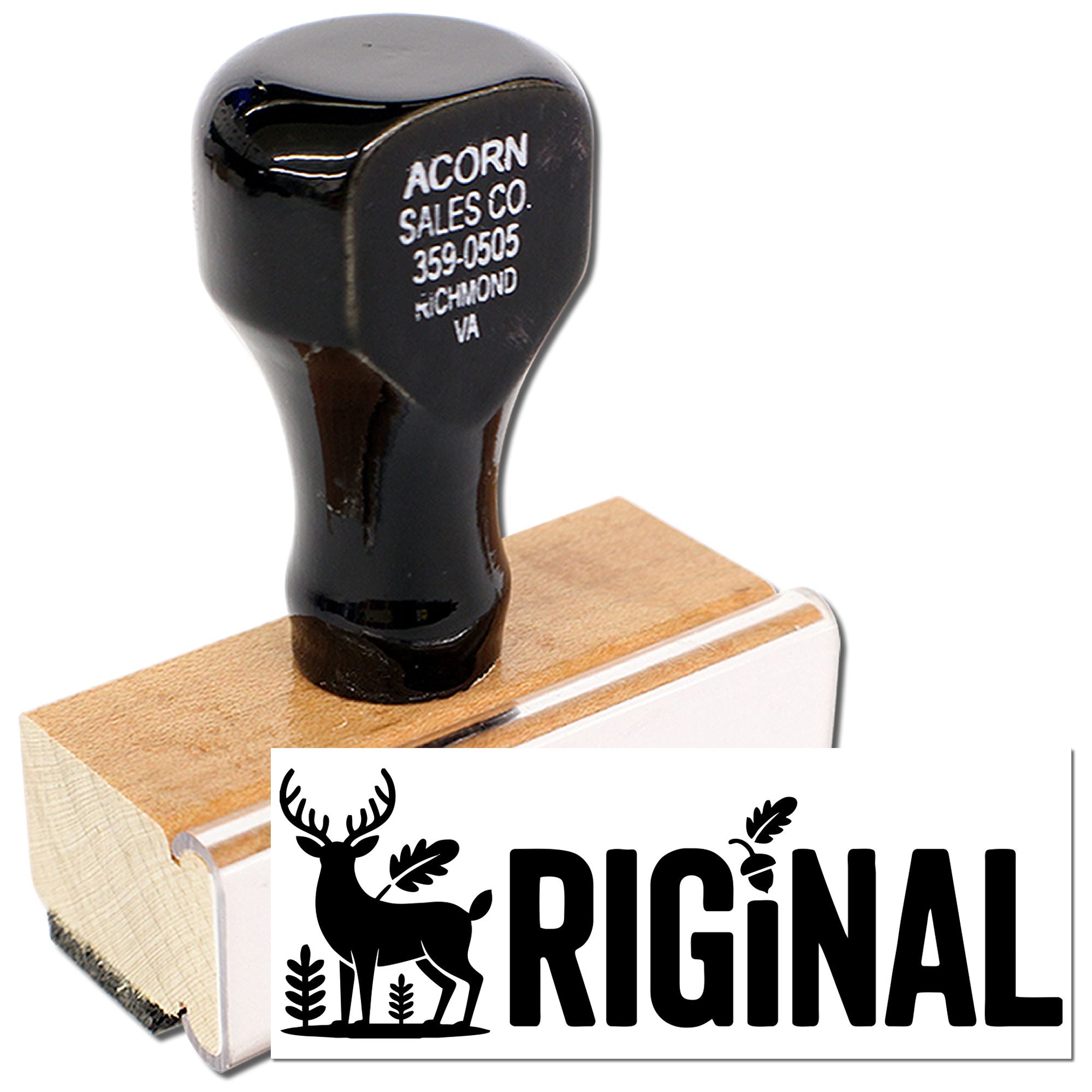 Custom rubber stamp with Original deer logo for branding handmade packaging and product labels.
