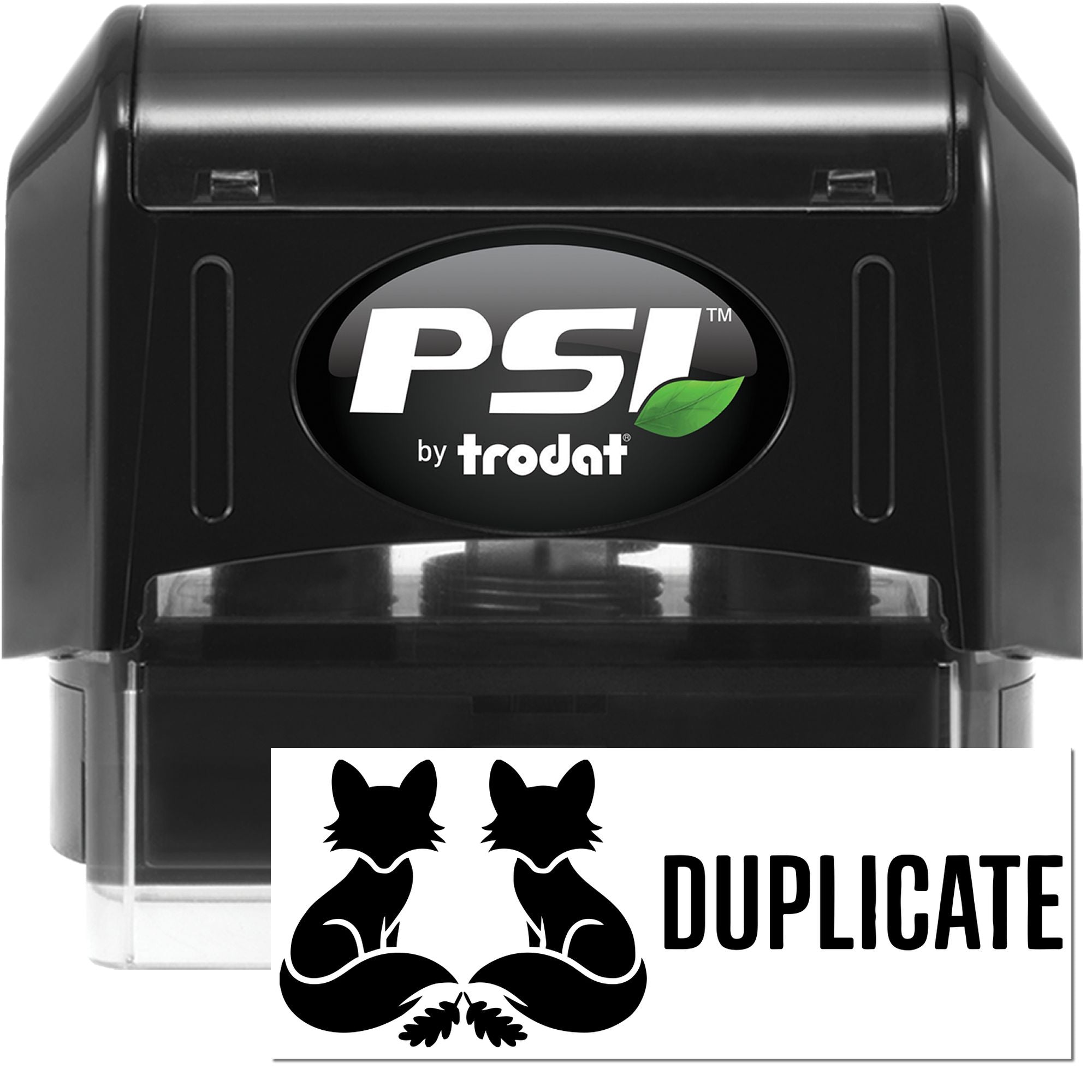 PSI by Trodat self-inking rubber stamp with DUPLICATE fox design for marking duplicate documents.