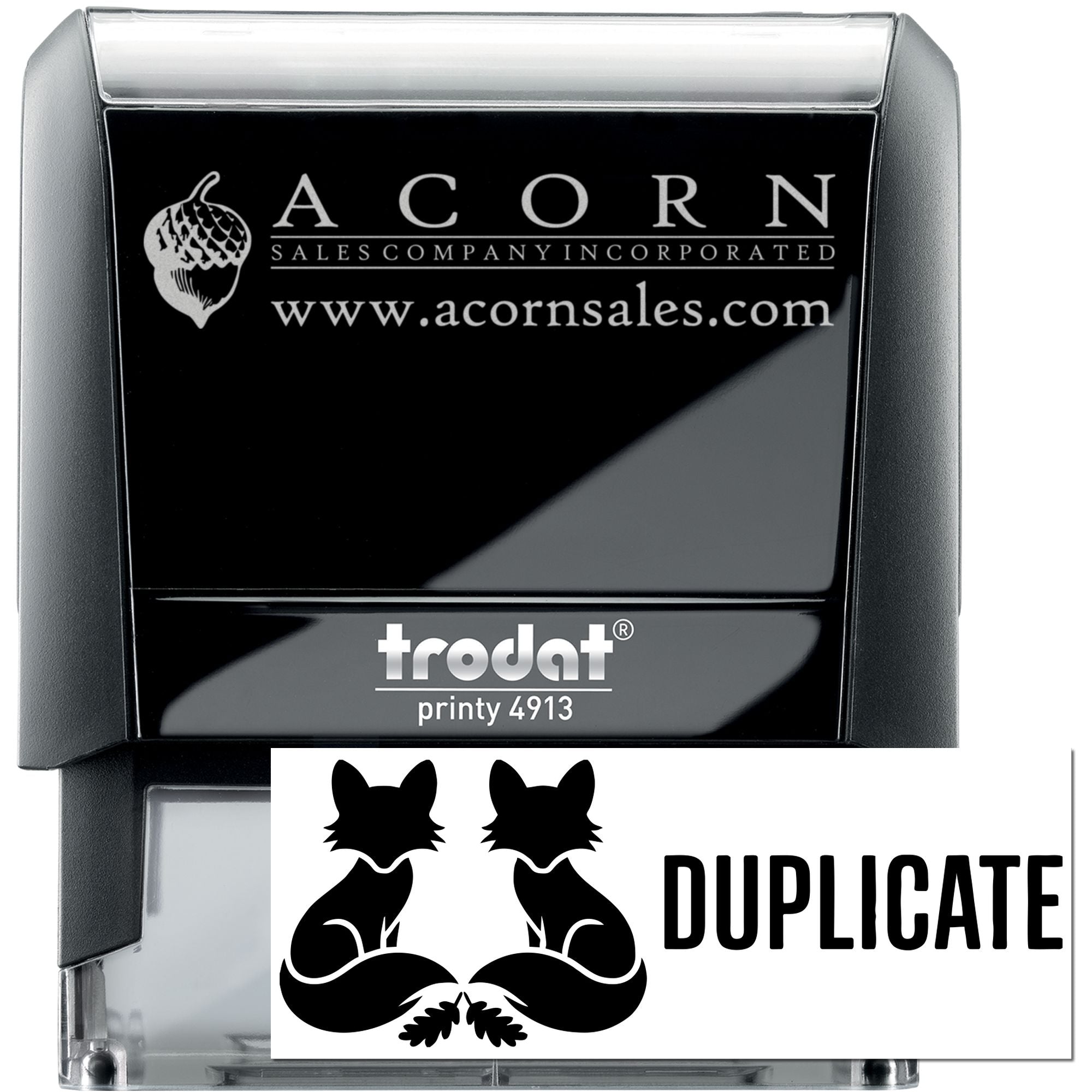 Custom self-inking rubber stamp, Trodat Printy 4913, with Acorn Sales logo, website, and duplicate imprint.
