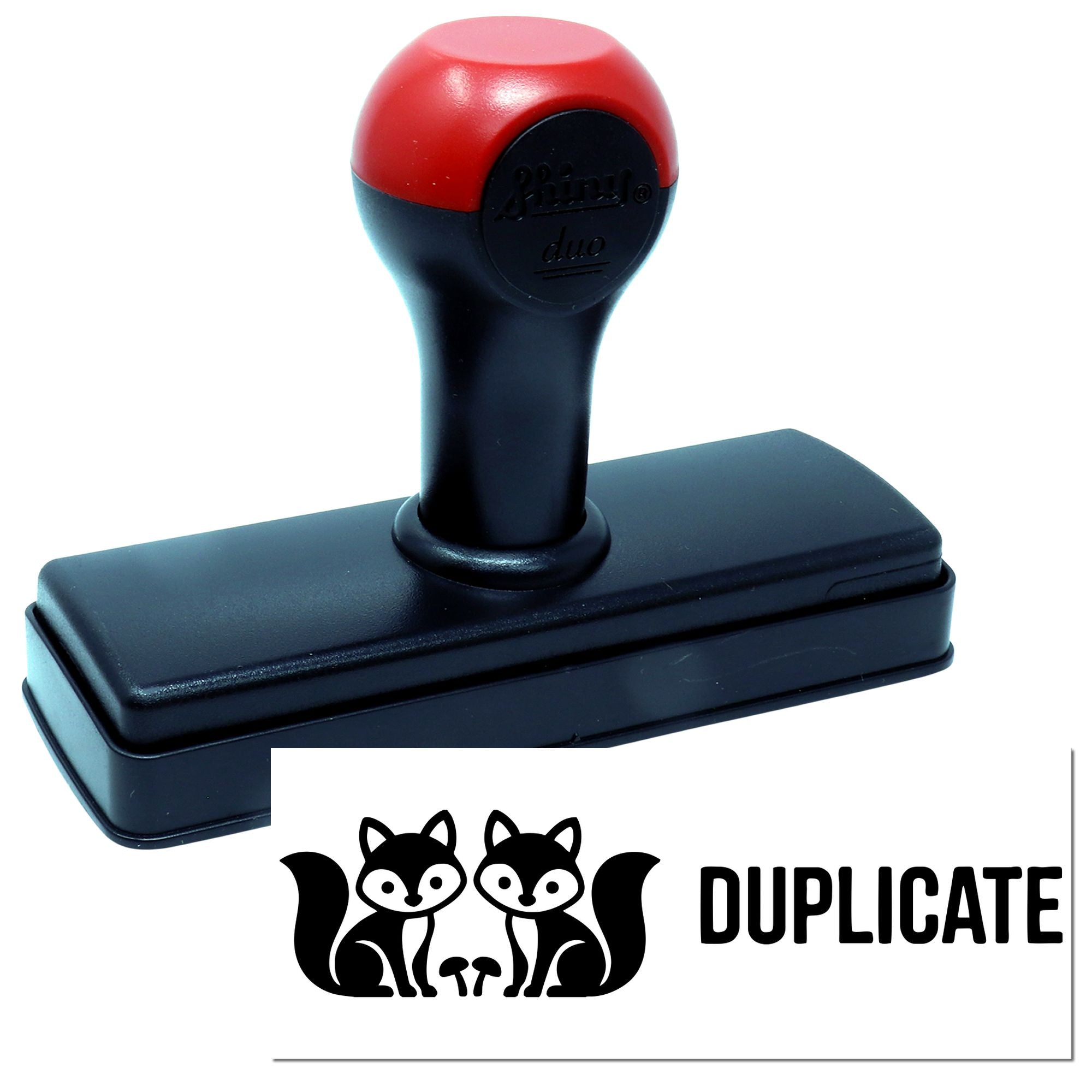 Self-inking duplicate rubber stamp with fox logo and DUPLICATE imprint for office document marking