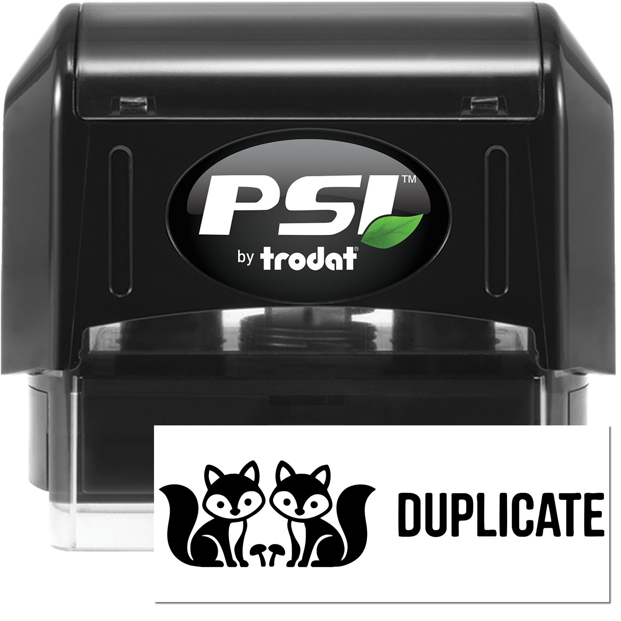 PSI by Trodat self-inking rubber stamp with DUPLICATE imprint and raccoon design for office document marking.