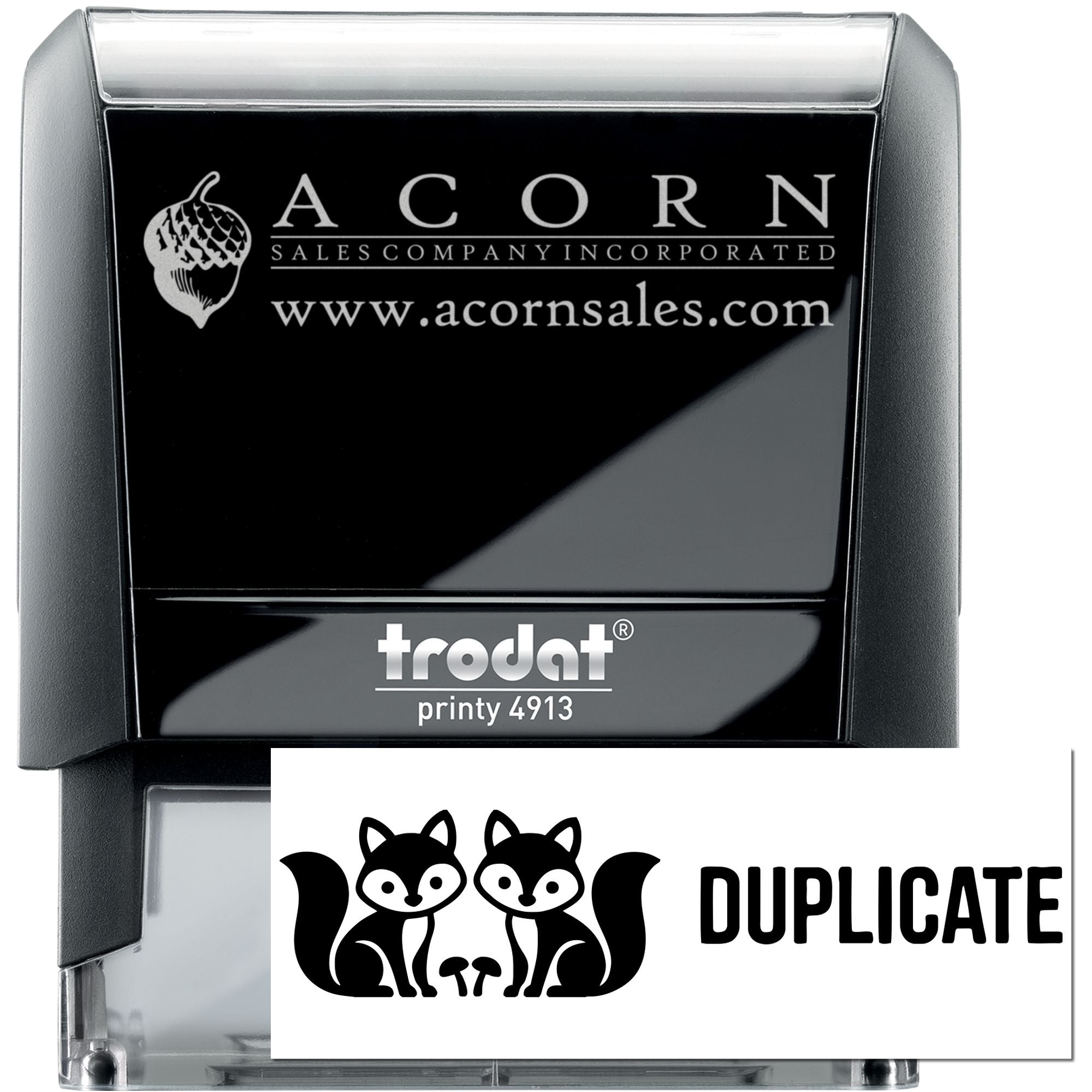 Custom self-inking rubber stamp with Duplicate fox logo for business document marking