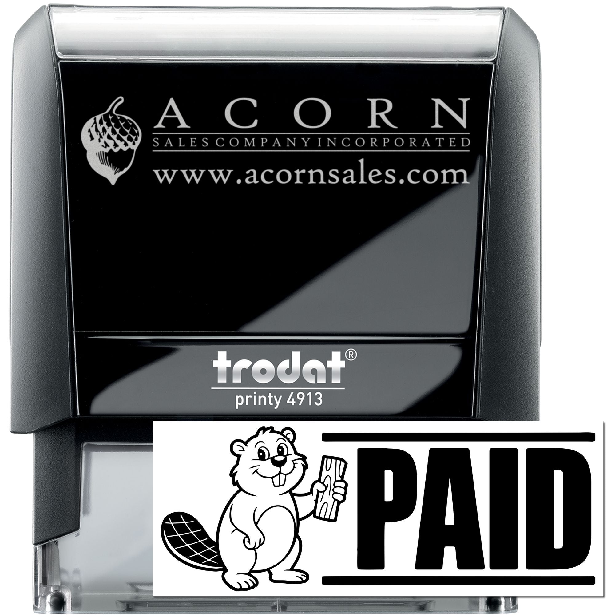 Custom self-inking Trodat Printy 4913 rubber stamp with Acorn Sales logo and PAID imprint for business use.