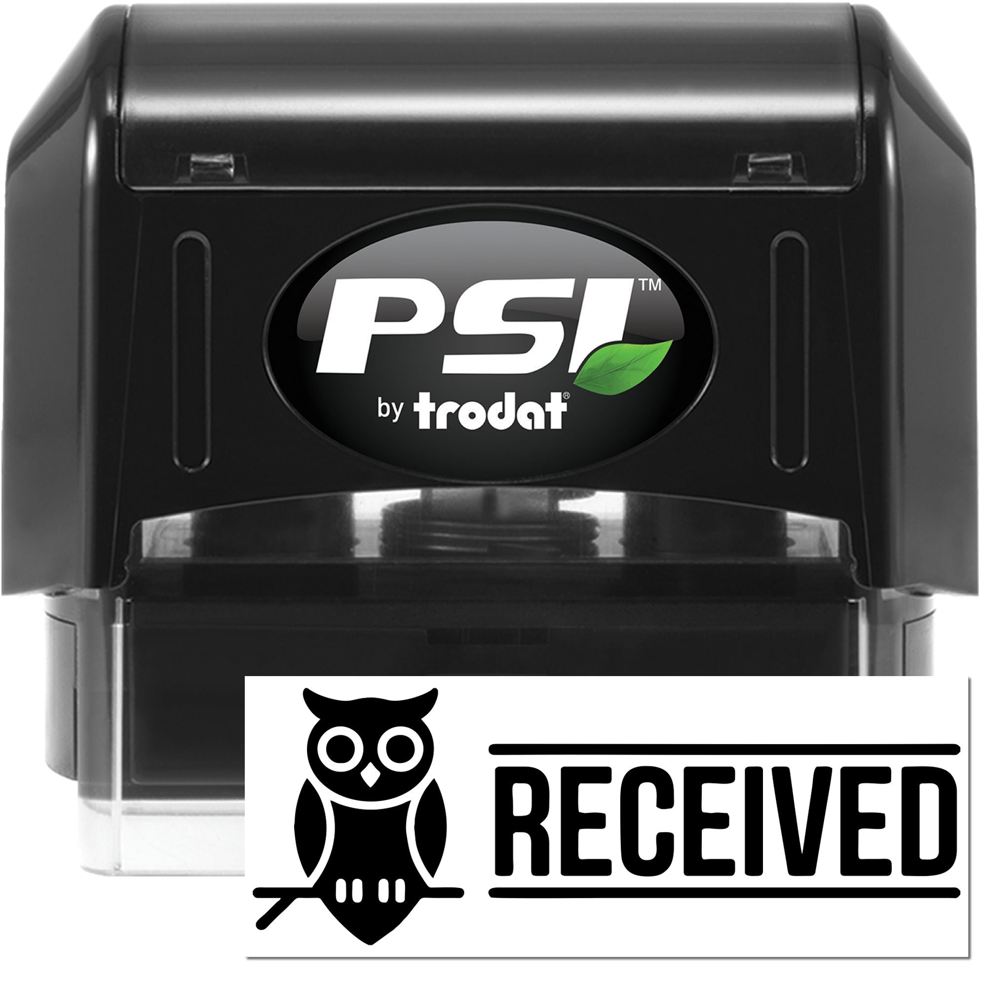 PSI by Trodat self-inking RECEIVED rubber stamp with owl icon for office document approval