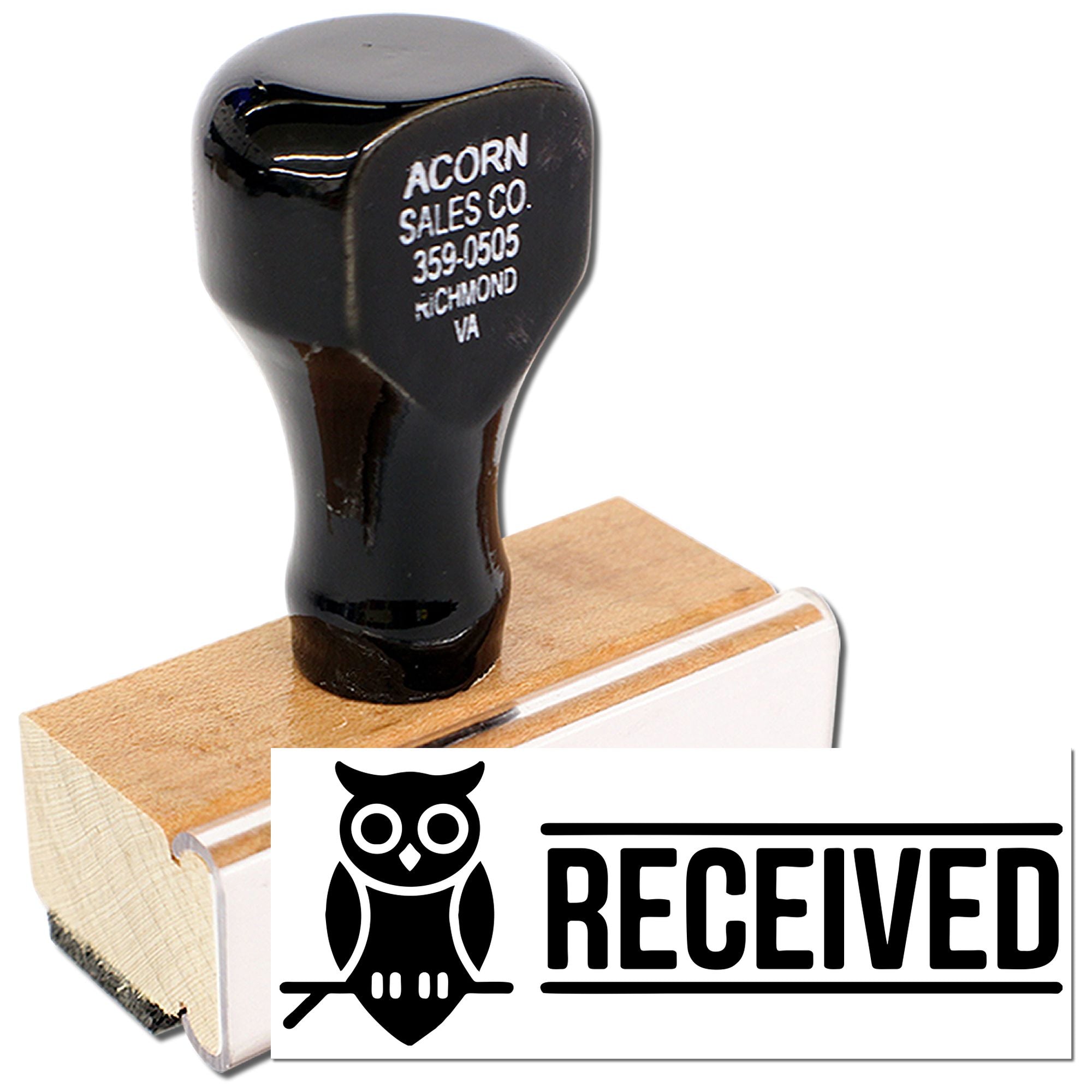 Custom rubber received stamp with owl design and wooden handle, ideal for office document processing.