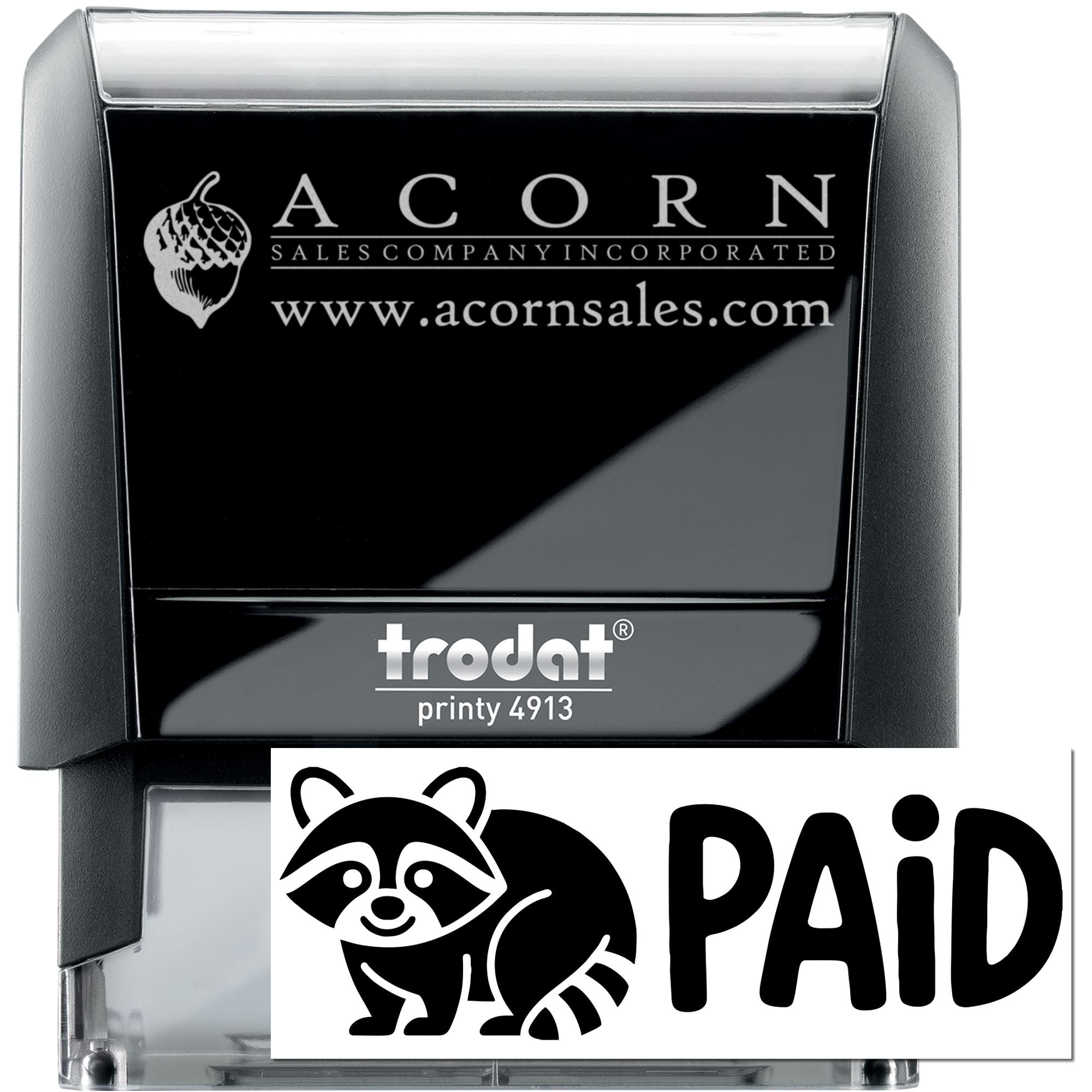 Custom self-inking rubber stamp featuring Acorn Sales logo, website, and PAID imprint for business document marking.
