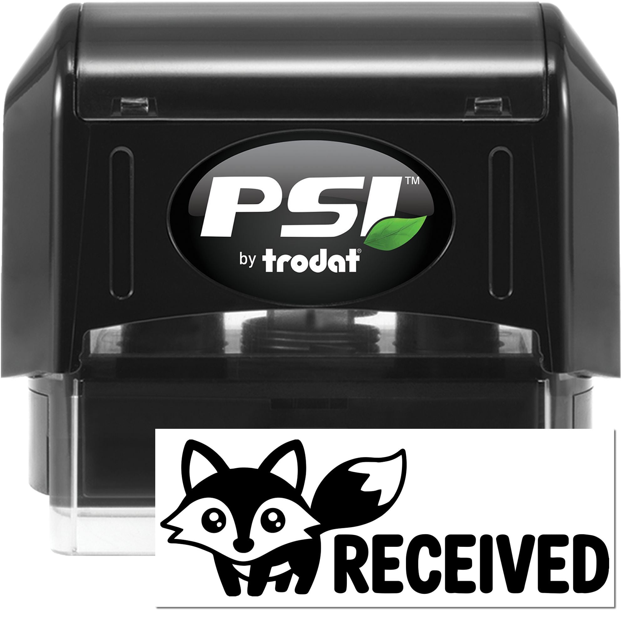 PSI by Trodat self-inking custom rubber stamp with Received fox logo for office mail and document marking