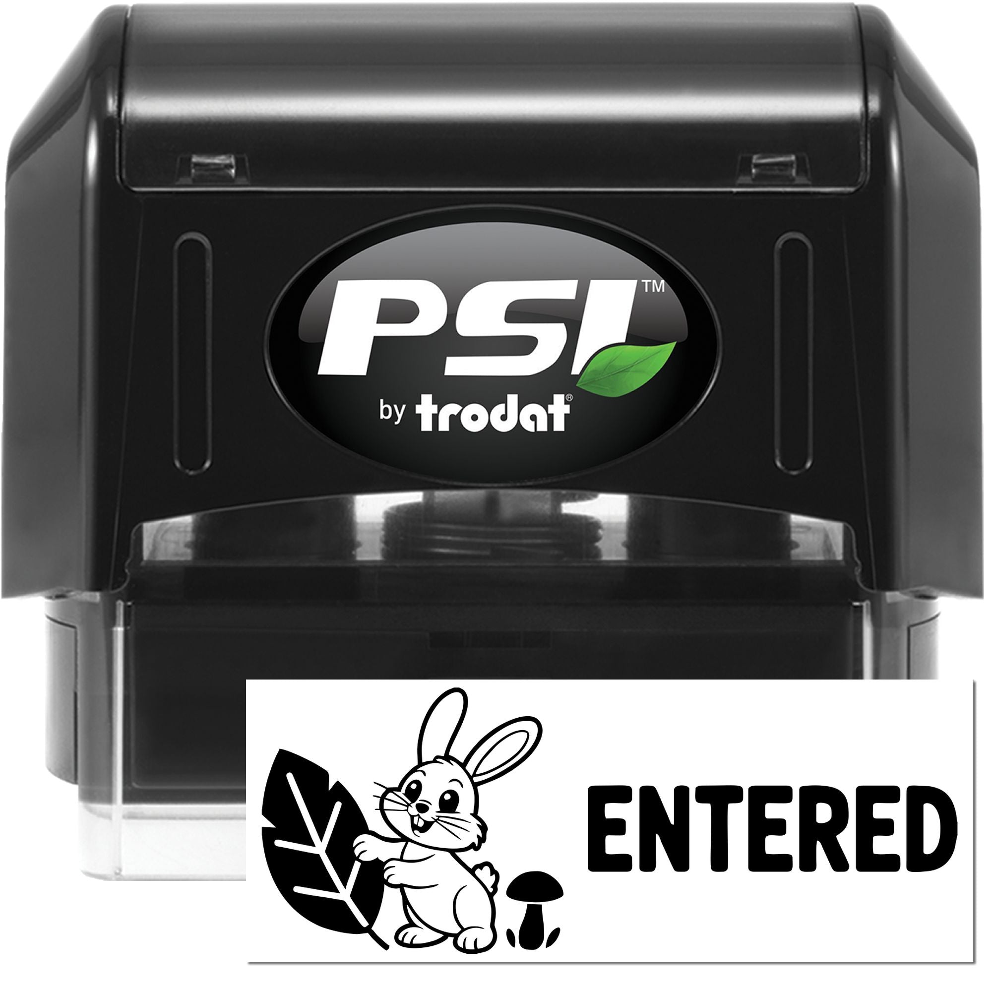 PSI by Trodat self-inking rubber stamp showing custom ENTERED bunny design for office use