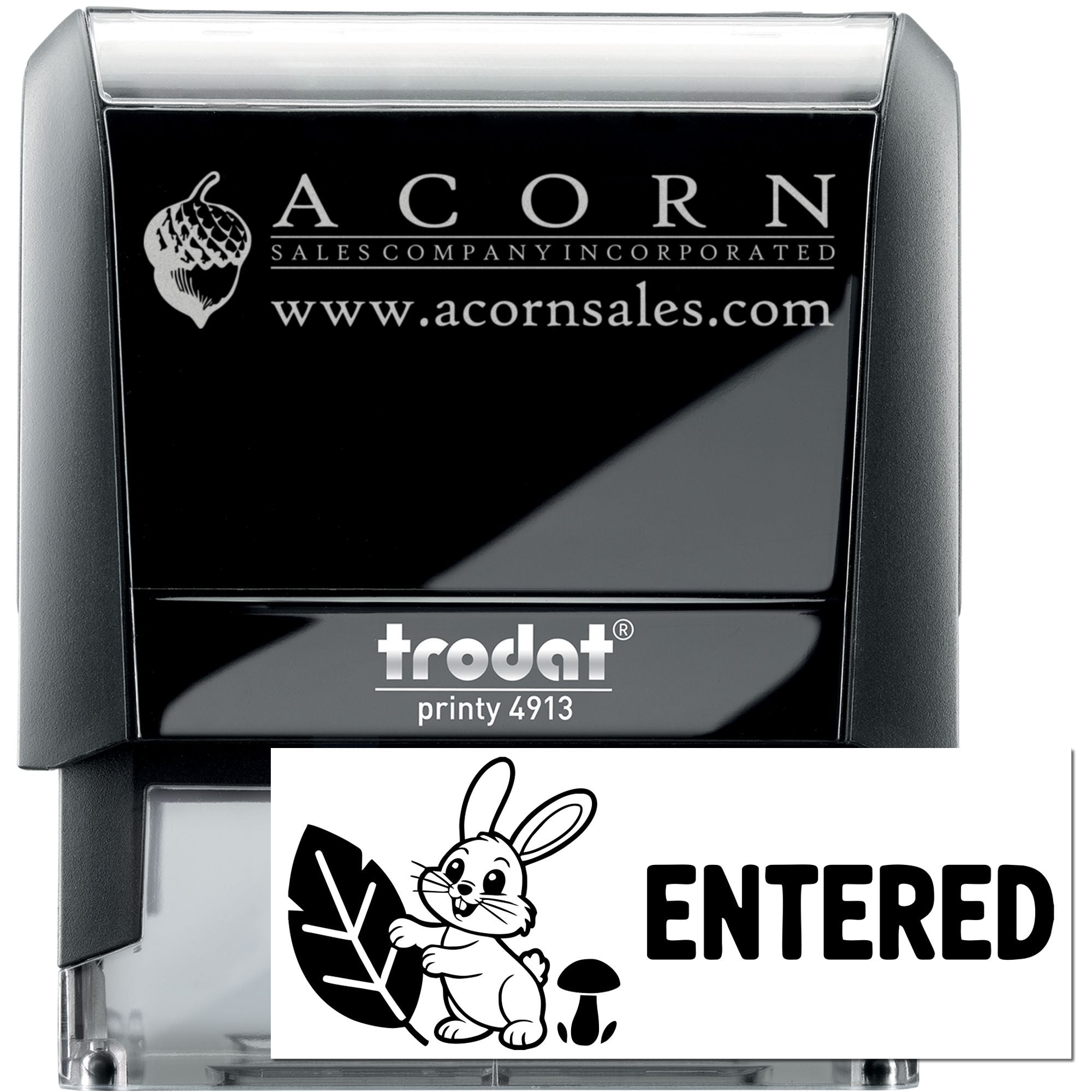 Custom Trodat Printy 4913 self-inking rubber stamp with logo imprint and ENTERED design for business use.