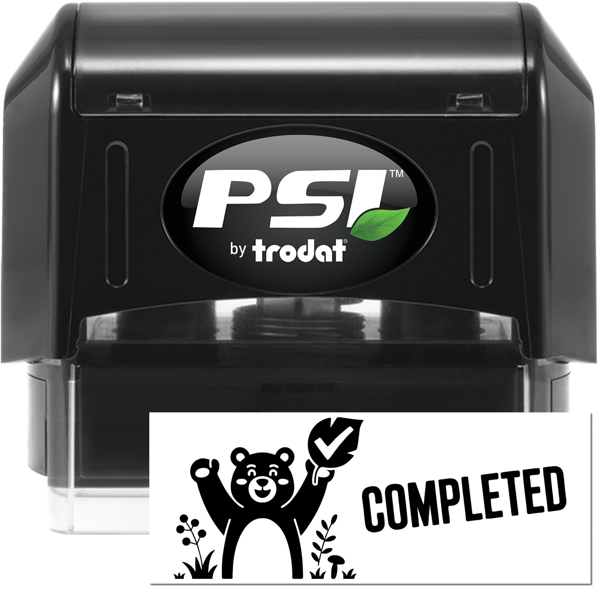 PSI by Trodat self-inking rubber stamp with Completed bear design for fast document approval and finished project marking.
