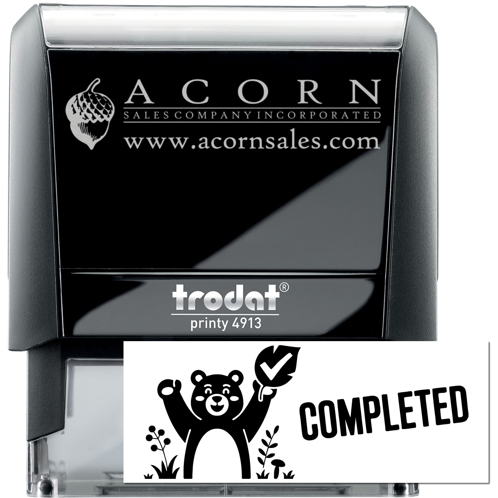 Custom self-inking rubber stamp Trodat Printy 4913 for Acorn Sales Company, with logo, website and Completed mark.