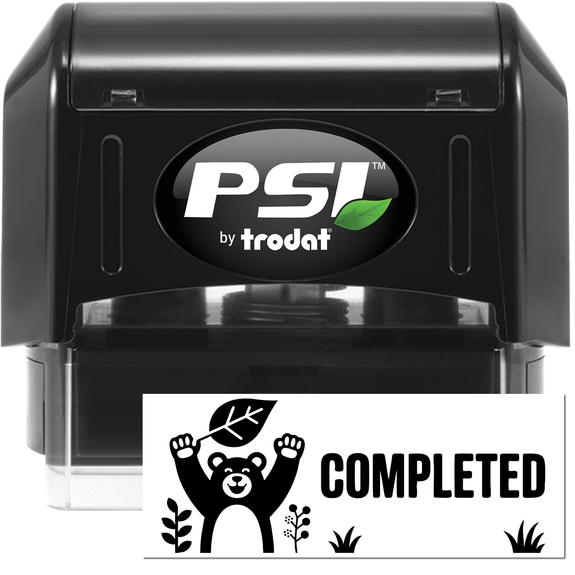 PSI by Trodat self-inking rubber stamp with custom COMPLETED bear design imprint