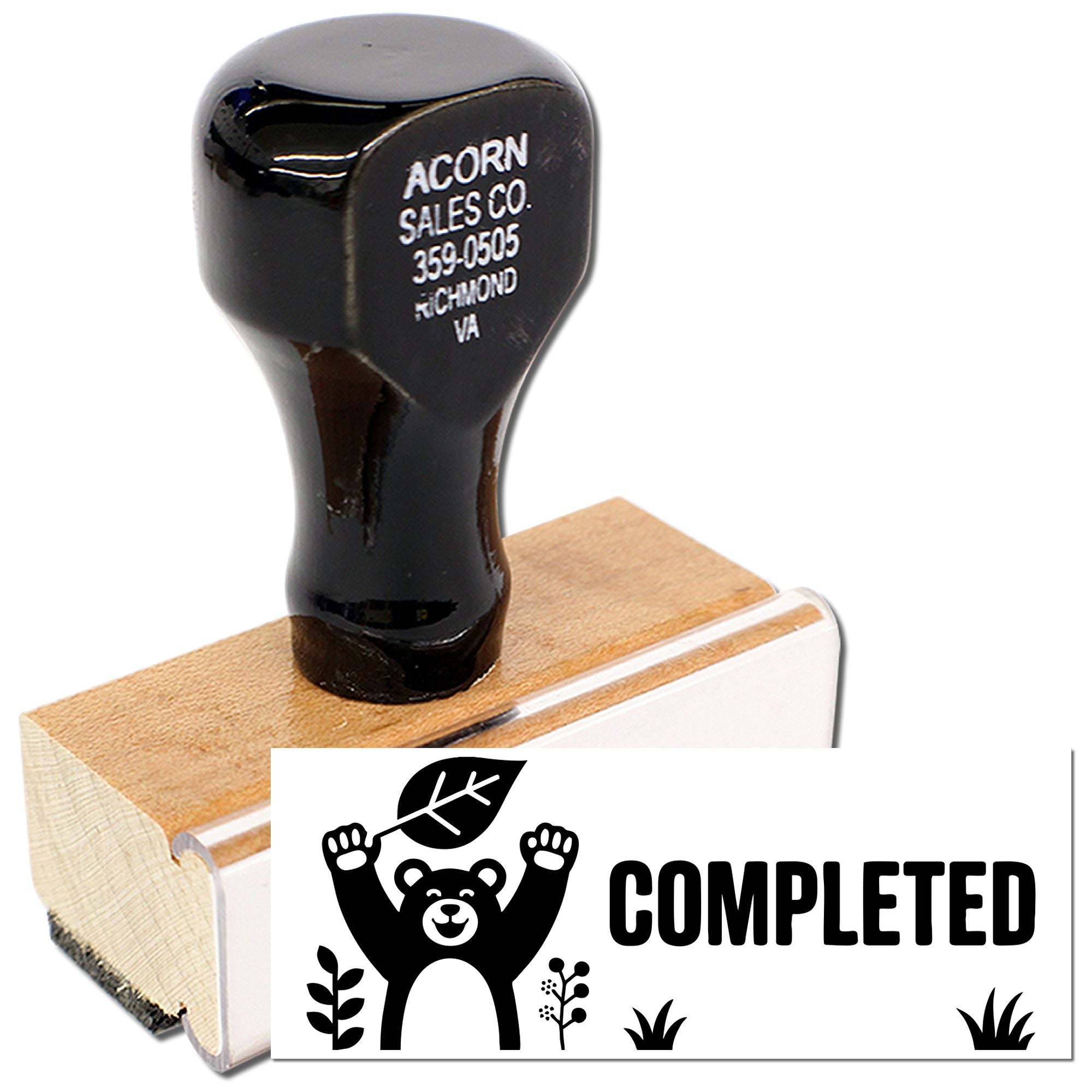 Custom rubber stamp with wooden handle and COMPLETED bear design for office or packaging use.