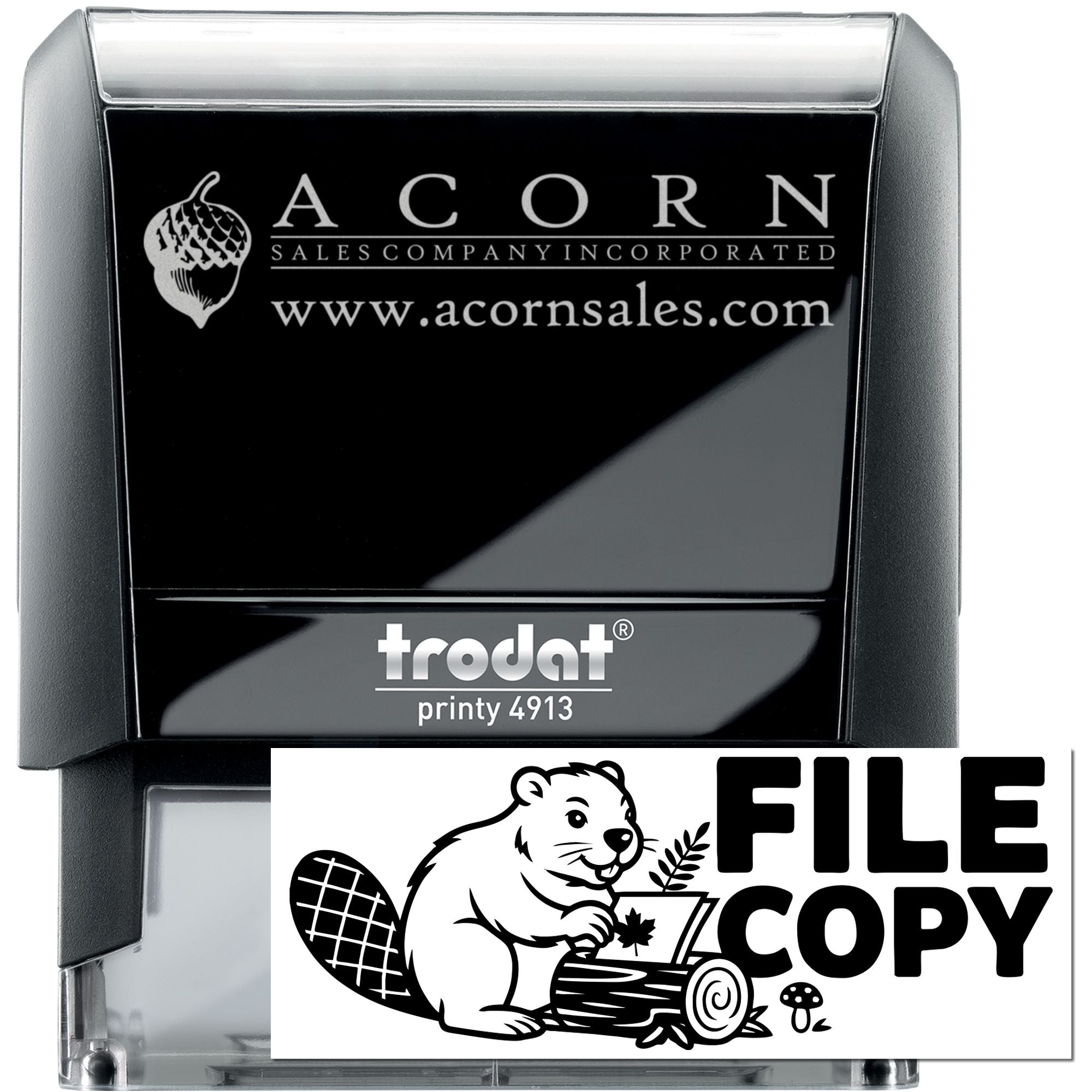 Custom self-inking rubber stamp with Acorn Sales logo and File Copy design for office branding and document marking.