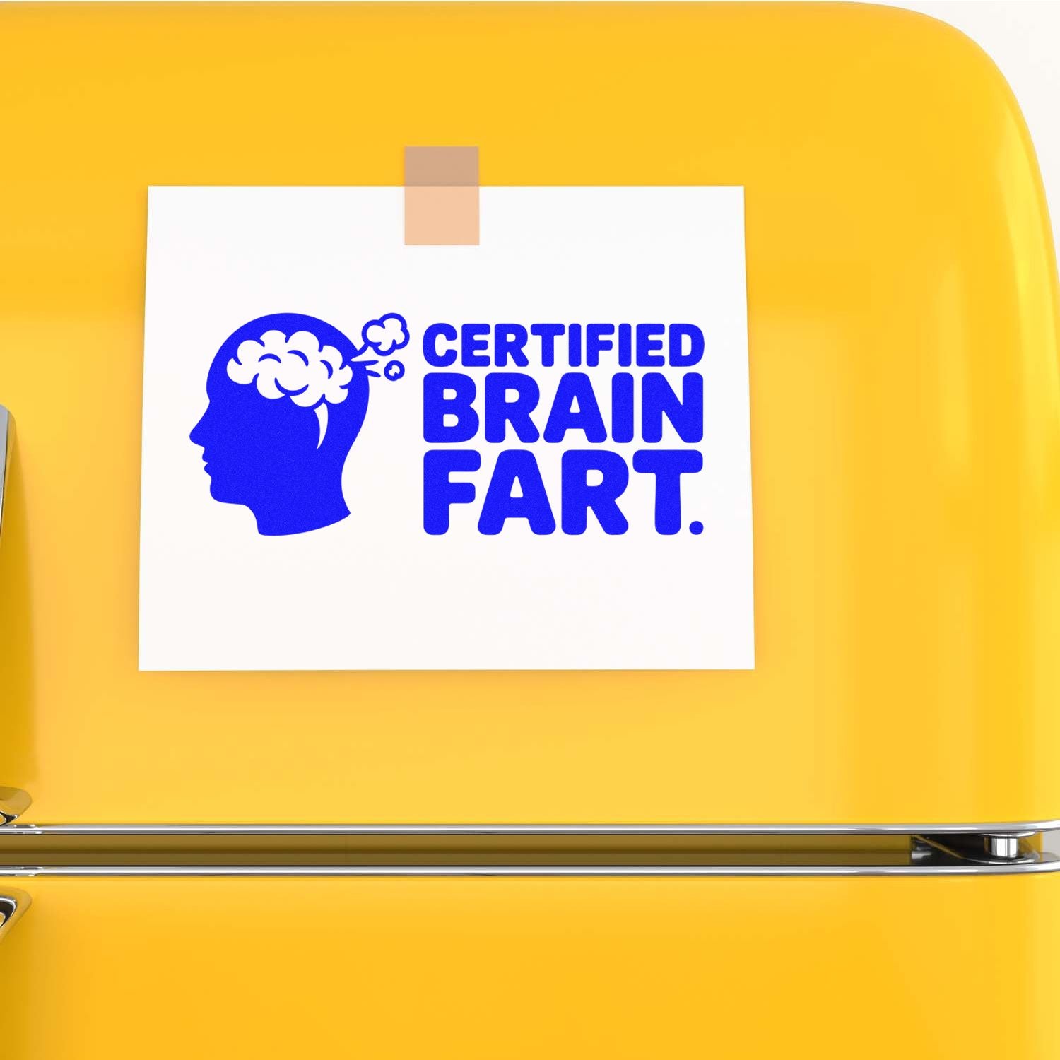 Funny certified brain fart rubber stamp design on a note, featuring a head icon and bold blue text.