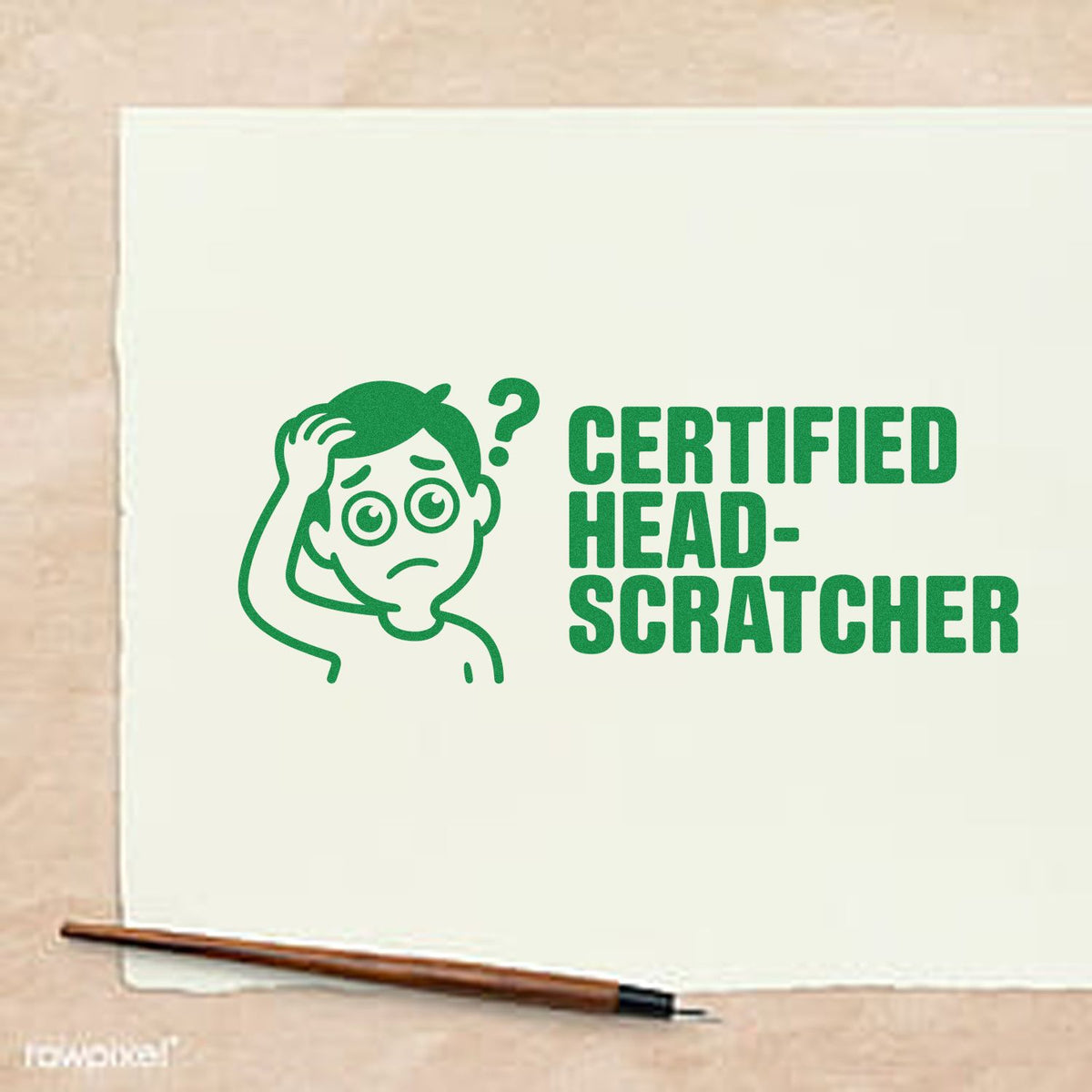 Certified Head-Scratcher rubber stamp design with confused cartoon character, ideal for custom office or teacher stamps.