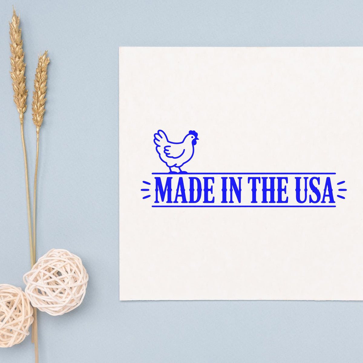 Made in the USA chicken rubber stamp design on white paper for patriotic packaging, crafts, and handmade branding.