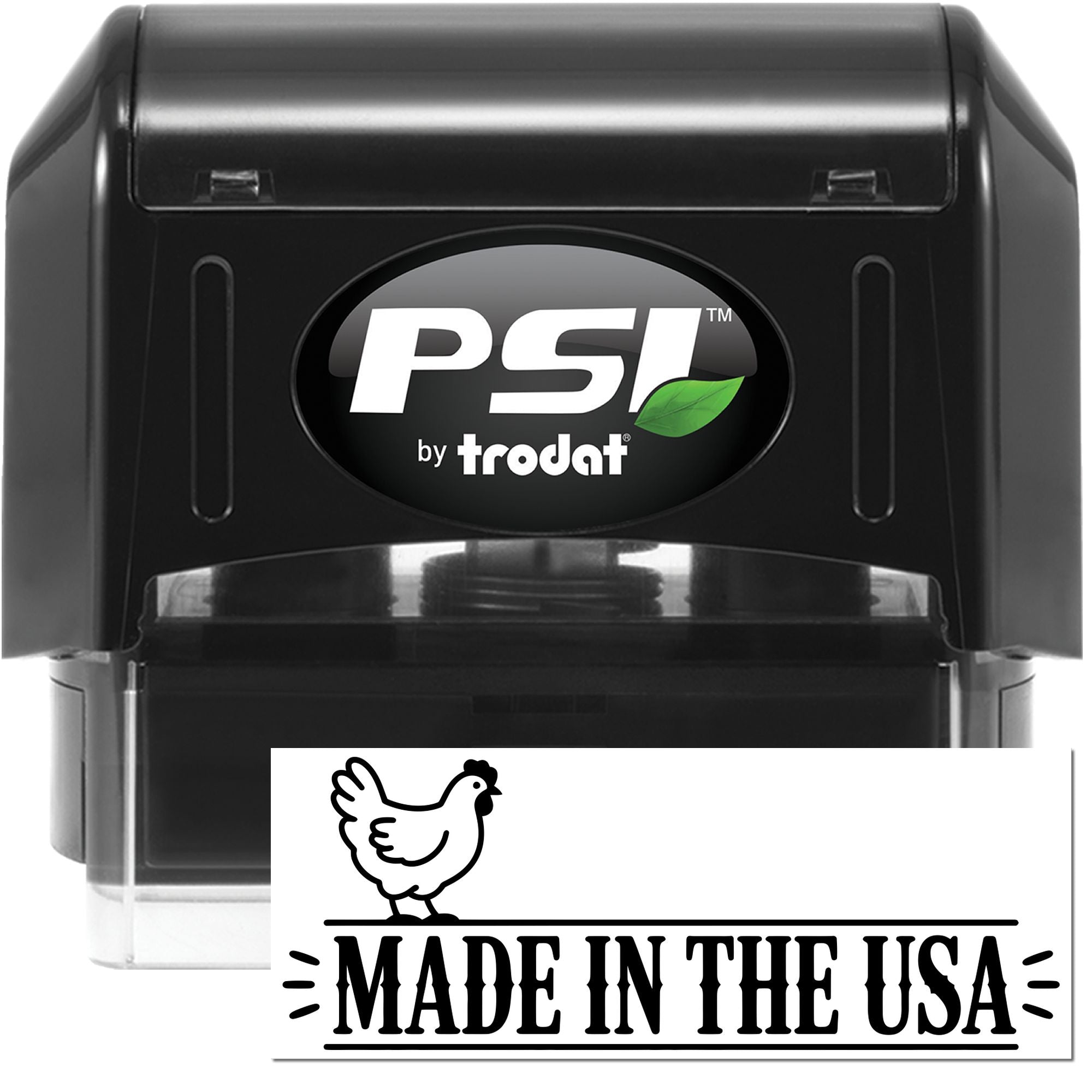 PSI by Trodat self-inking rubber stamp with Made in the USA chicken logo imprint