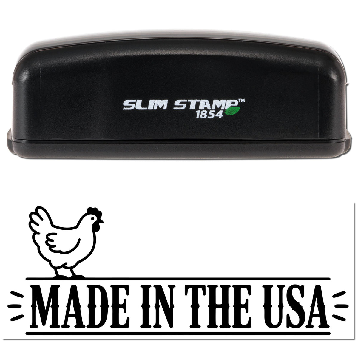 Slim Stamp 1854 self-inking rubber stamp with Made in the USA chicken logo imprint