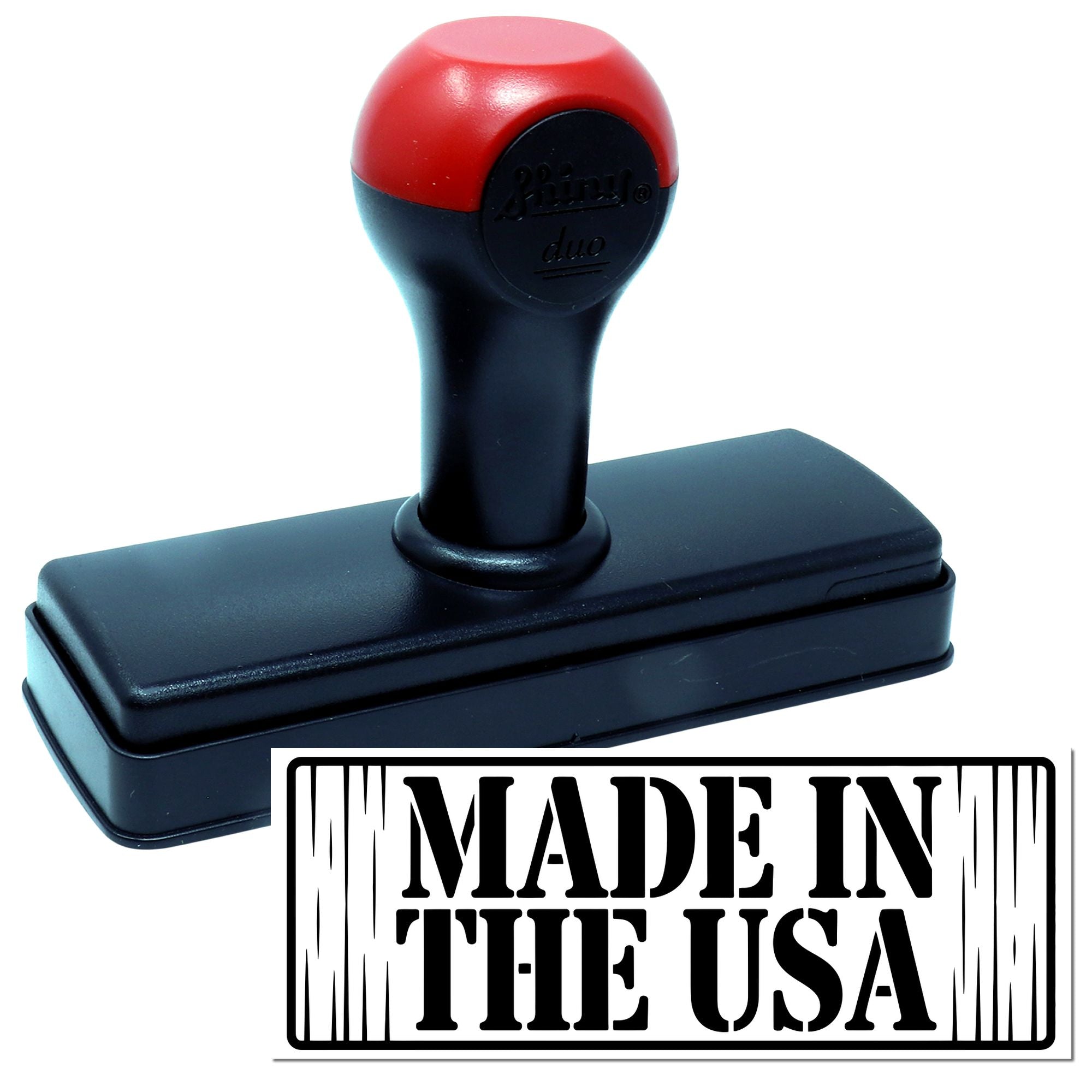 Self-inking rubber stamp with Made in the USA imprint for product labeling and branding.