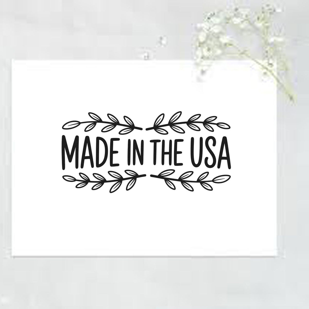 Made in the USA rubber stamp design with decorative leaf border for product packaging and handmade branding.
