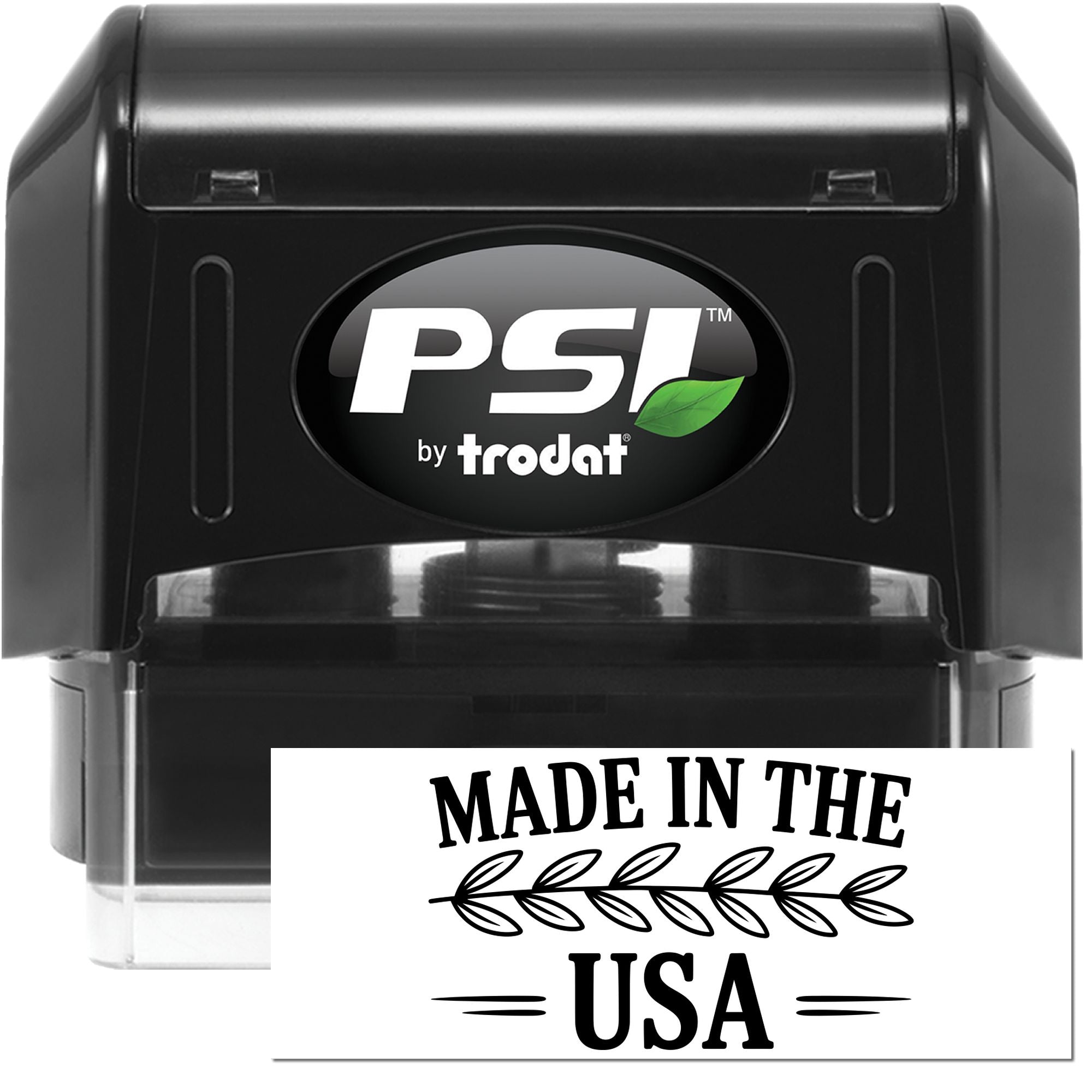 PSI by Trodat self-inking rubber stamp with Made in the USA imprint for product packaging and branding