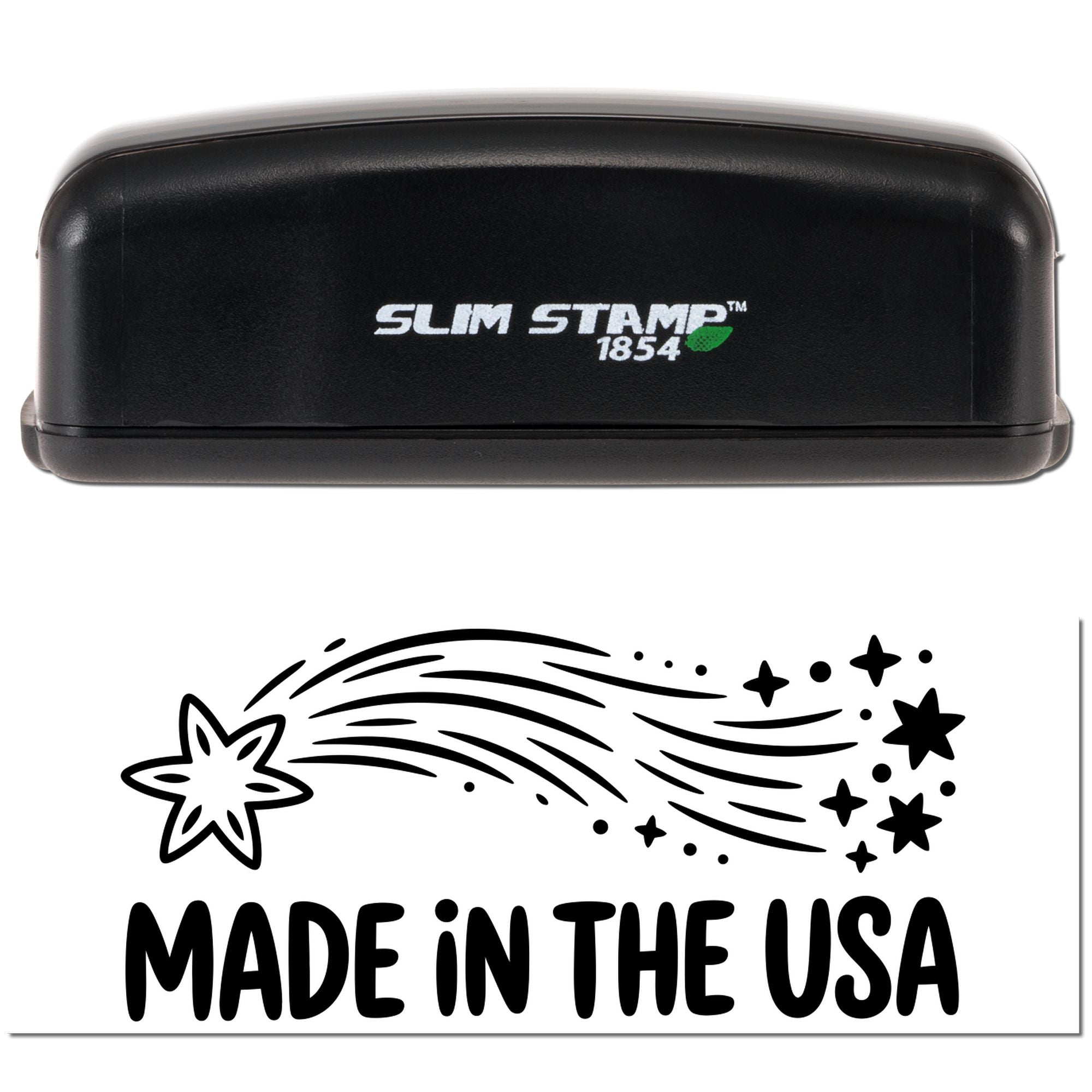 Slim Stamp 1854 custom rubber stamp with Made in the USA shooting star design for product marking and branding.