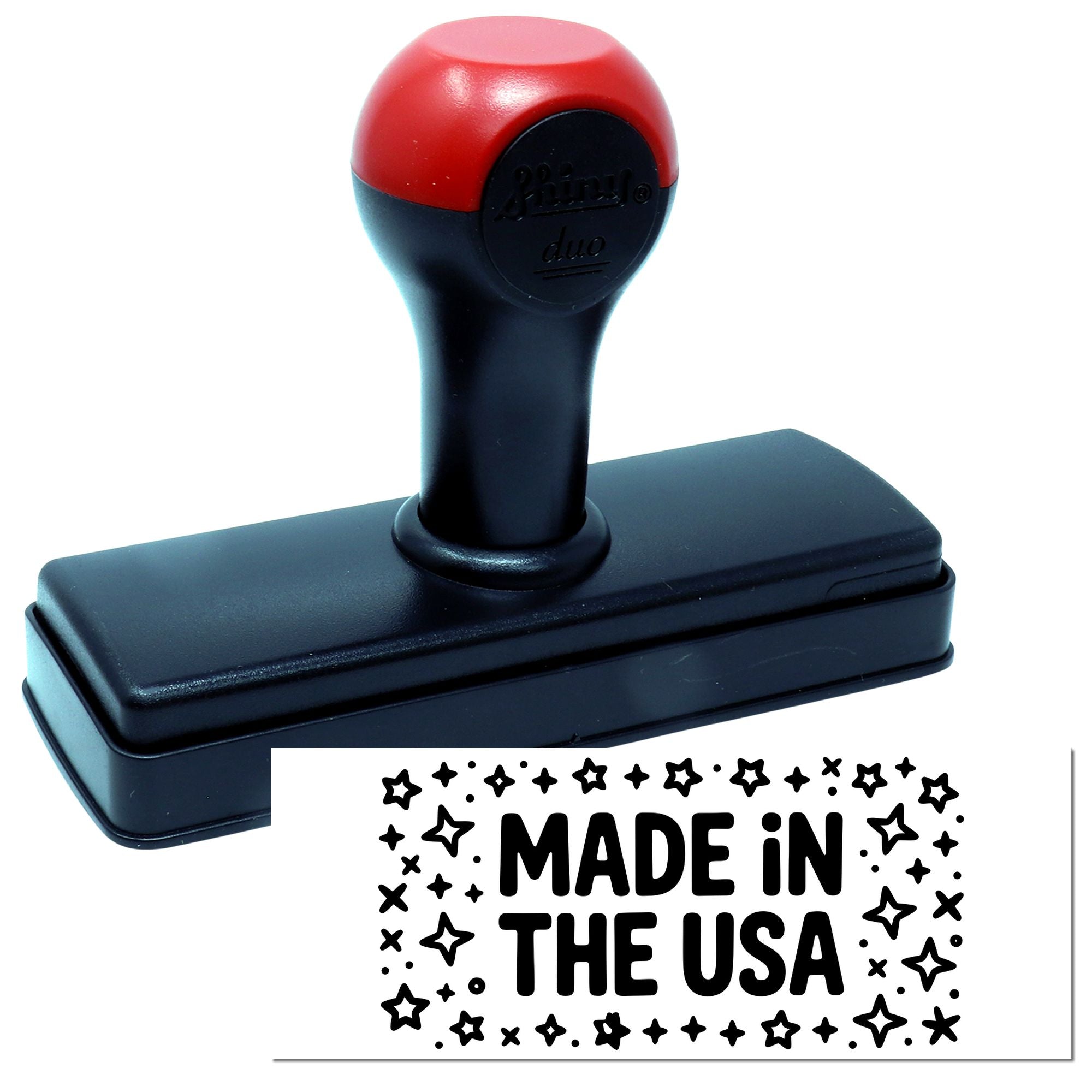 Self-inking rubber stamp with Made in the USA imprint for product labeling, packaging, and branding