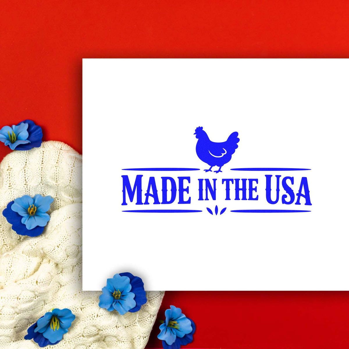Made in the USA chicken rubber stamp for product packaging, handmade goods, and patriotic labeling.