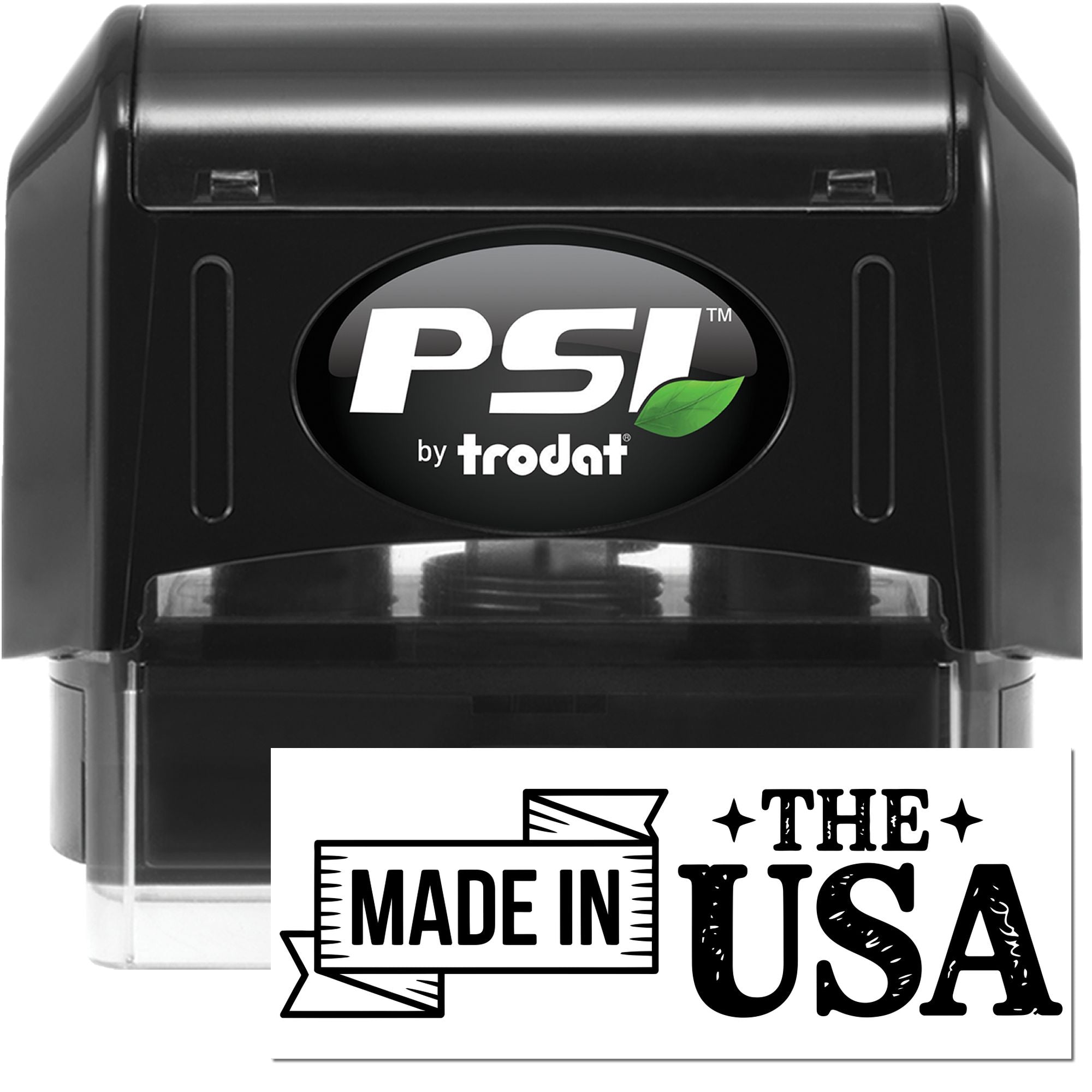 PSI by Trodat self-inking rubber stamp with Made in the USA imprint for product packaging and custom branding.