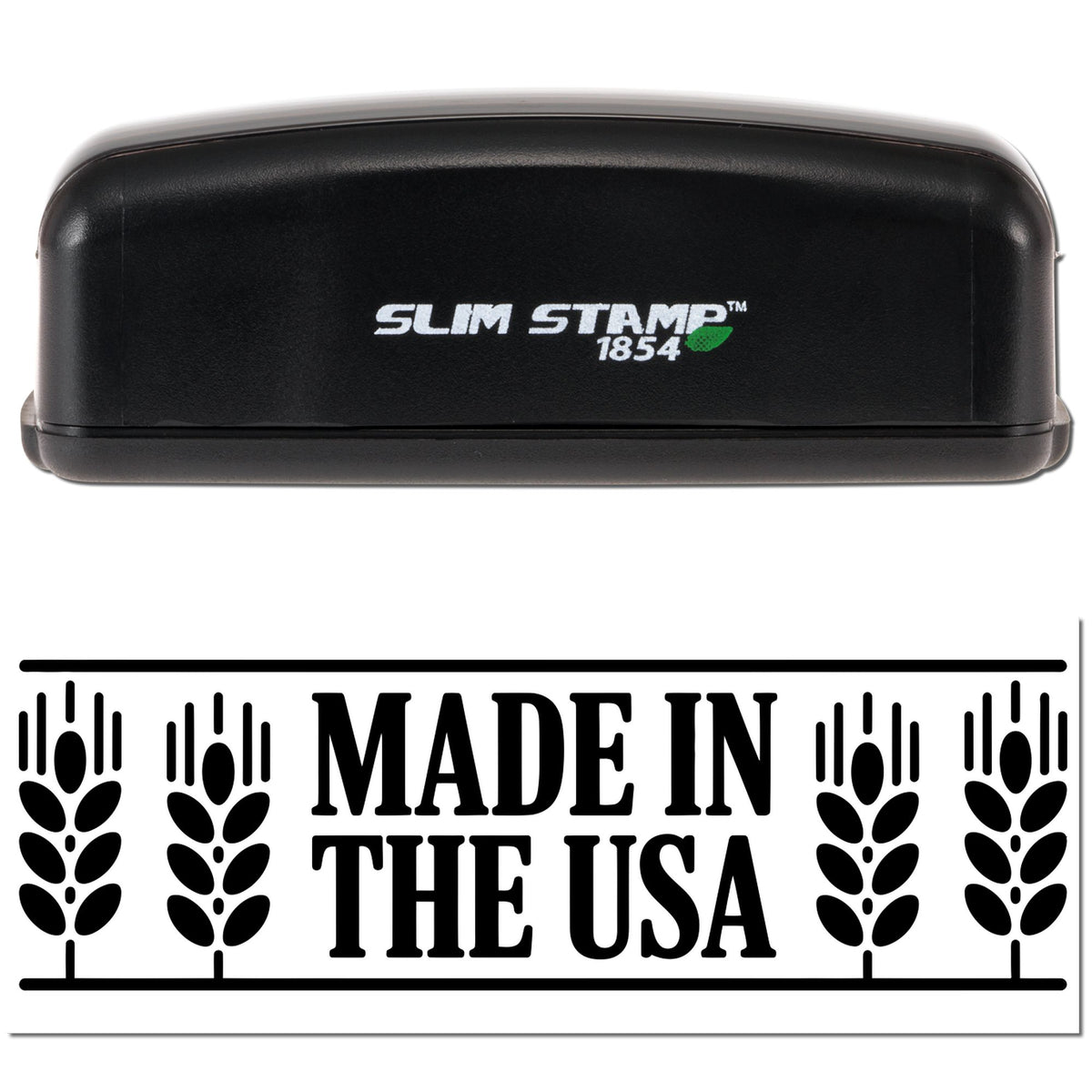 Self-inking rubber stamp featuring a Made in the USA design with wheat border for patriotic product branding.