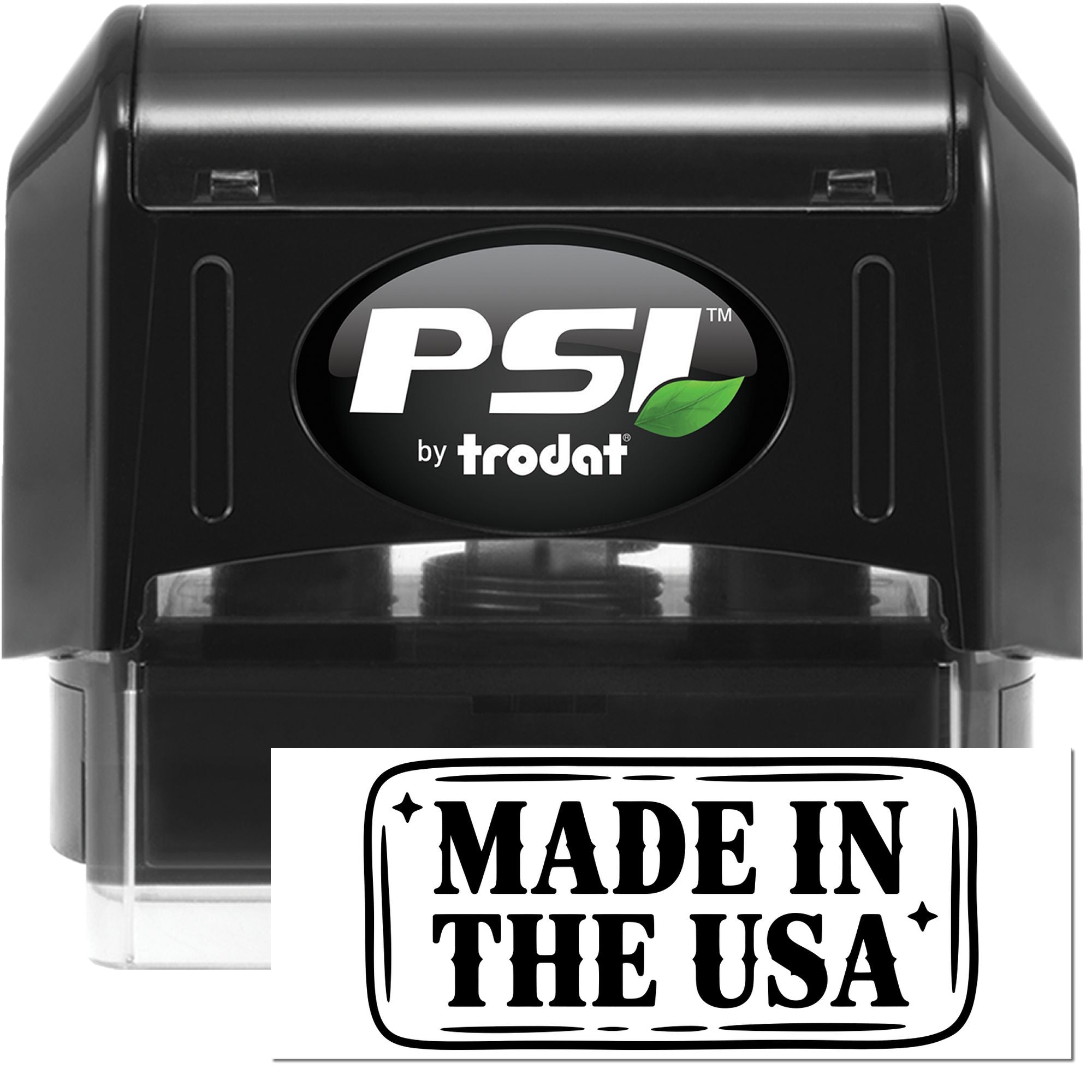 PSI by Trodat self-inking rubber stamp showing Made in the USA imprint for branding and packaging.