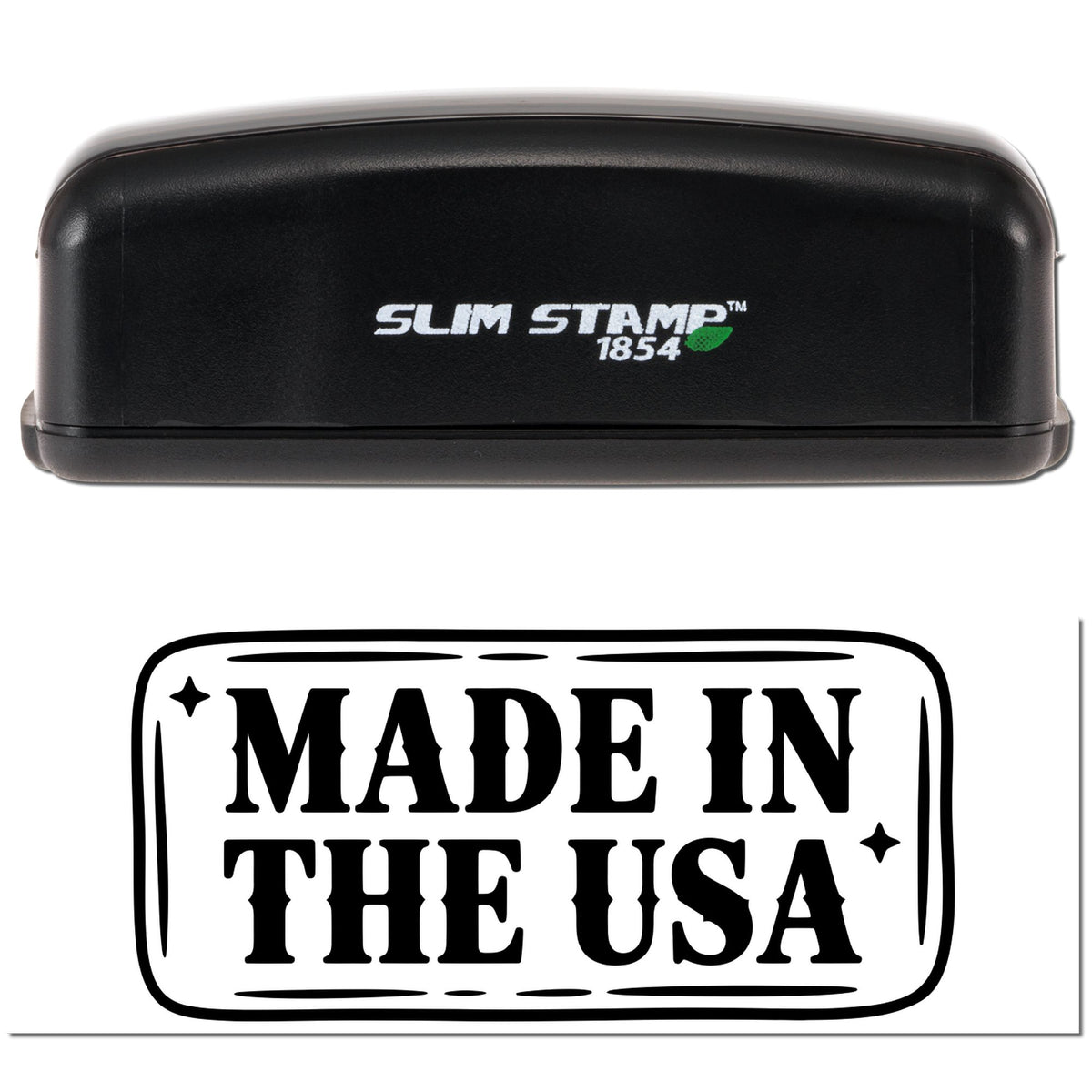 Slim Stamp 1854 rubber stamp with Made in the USA imprint for custom patriotic product labeling.