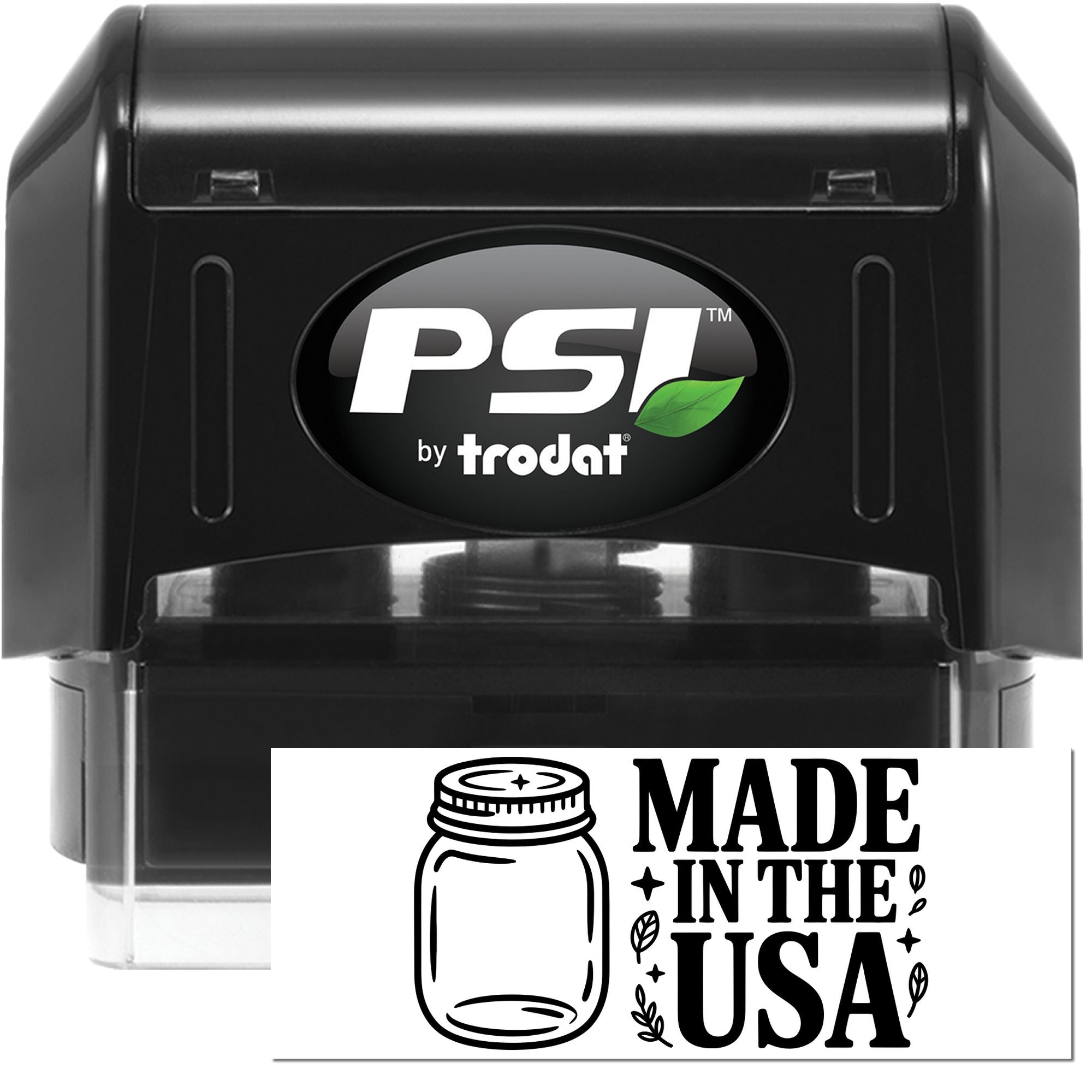 PSI by Trodat self-inking rubber stamp featuring Made in the USA mason jar design for custom product branding.