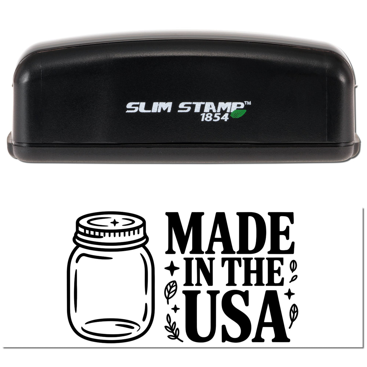 Slim Stamp 1854 rubber stamp with Made in the USA mason jar design for custom crafts, packaging, and branding.