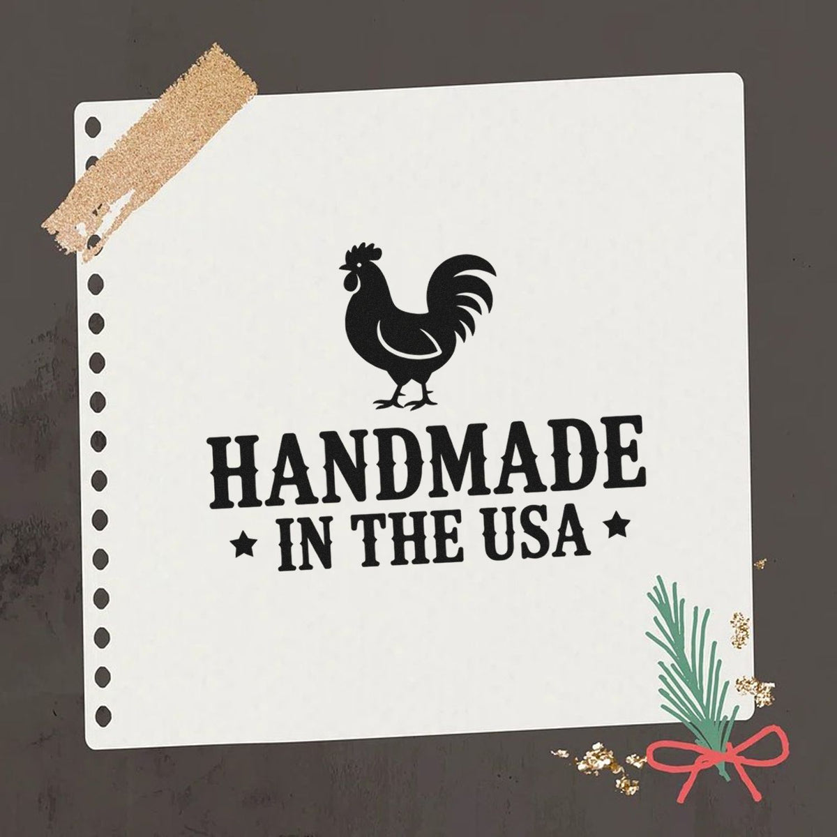 Handmade in the USA rubber stamp with rooster design, ideal for craft packaging and artisan product branding.