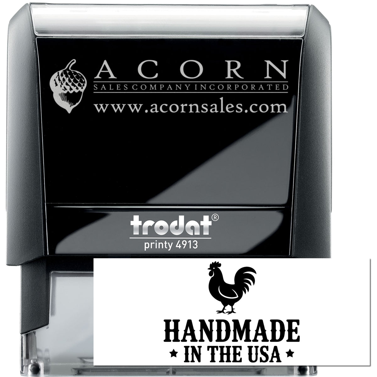 Trodat self-inking rubber stamp with custom Acorn Sales logo and handmade in USA rooster stamp sample.