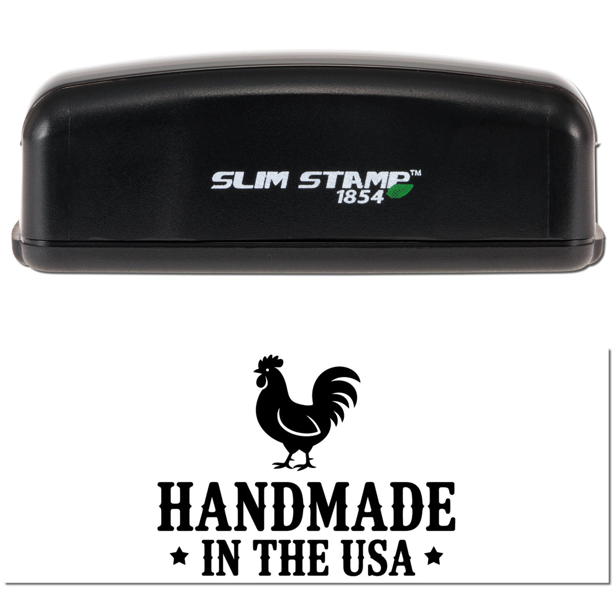 Compact Slim Stamp 1854 rubber stamp with rooster logo, creating a Handmade in the USA imprint for artisan product branding.