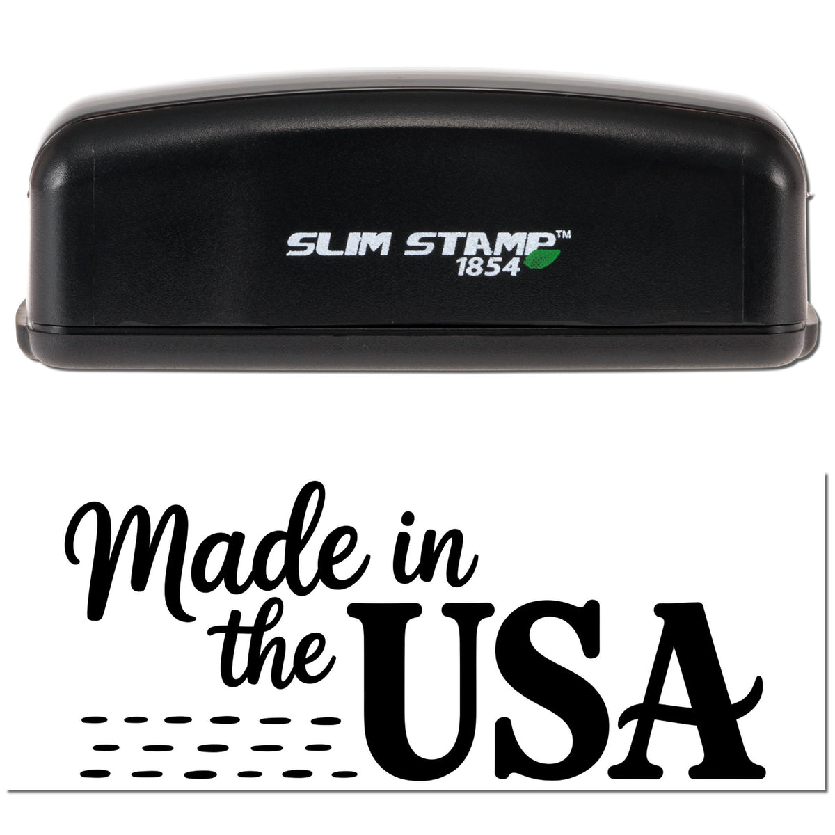 Slim Stamp 1854 self-inking rubber stamp with Made in the USA imprint for product branding and packaging.