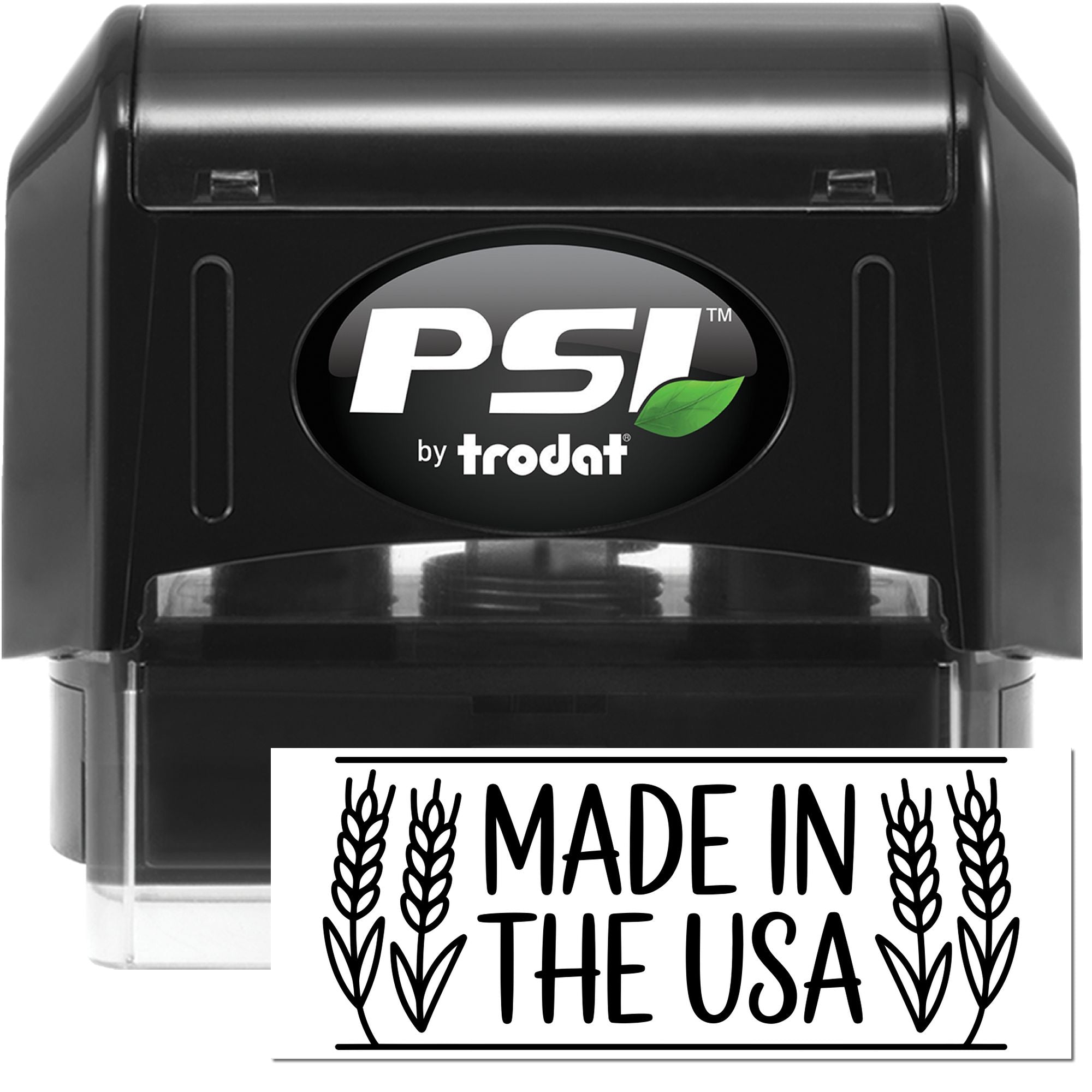 PSI by Trodat self-inking rubber stamp with Made in the USA imprint for packaging, labeling, and branding.