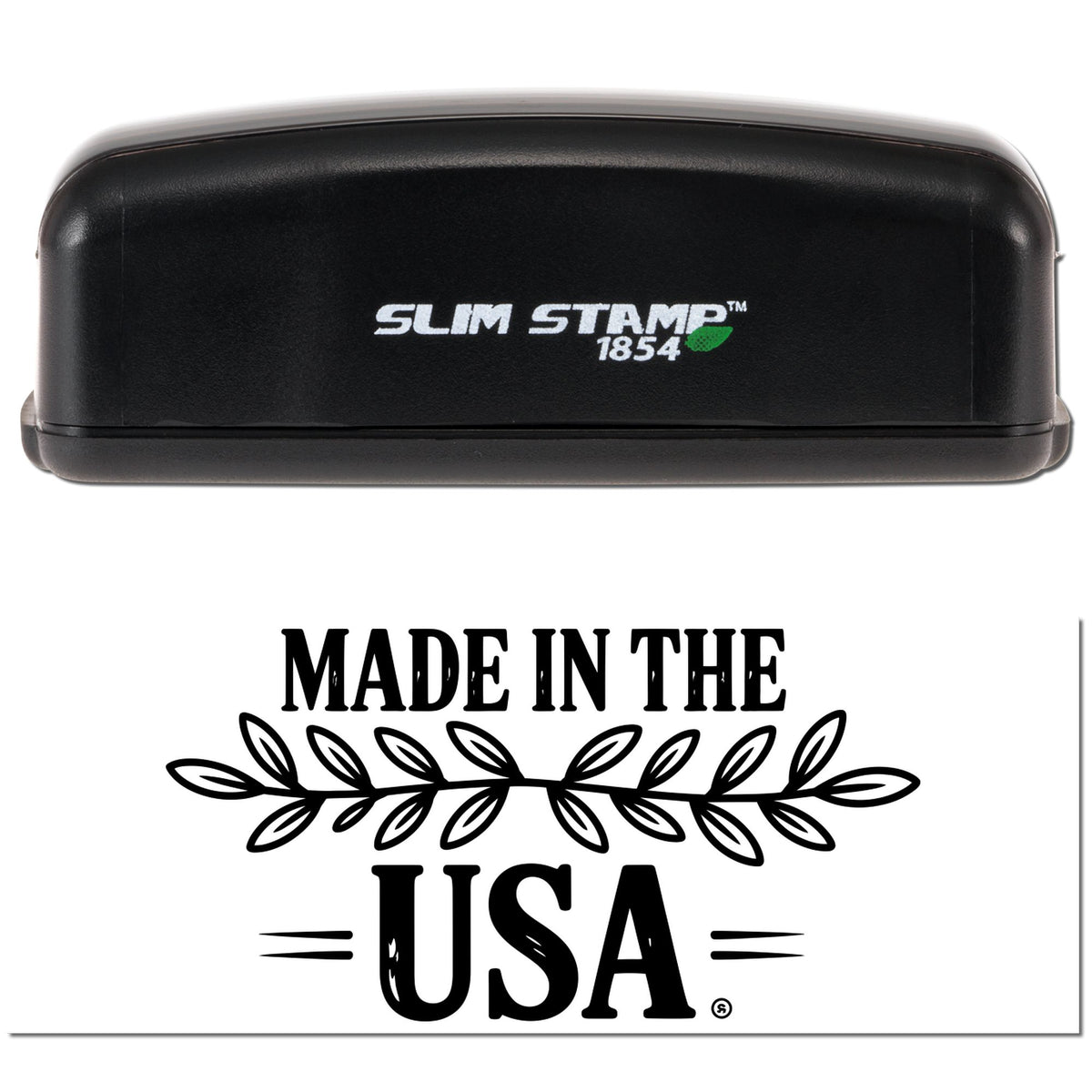Slim Stamp 1854 custom rubber stamp with Made in the USA leaf design for product labeling and branding.