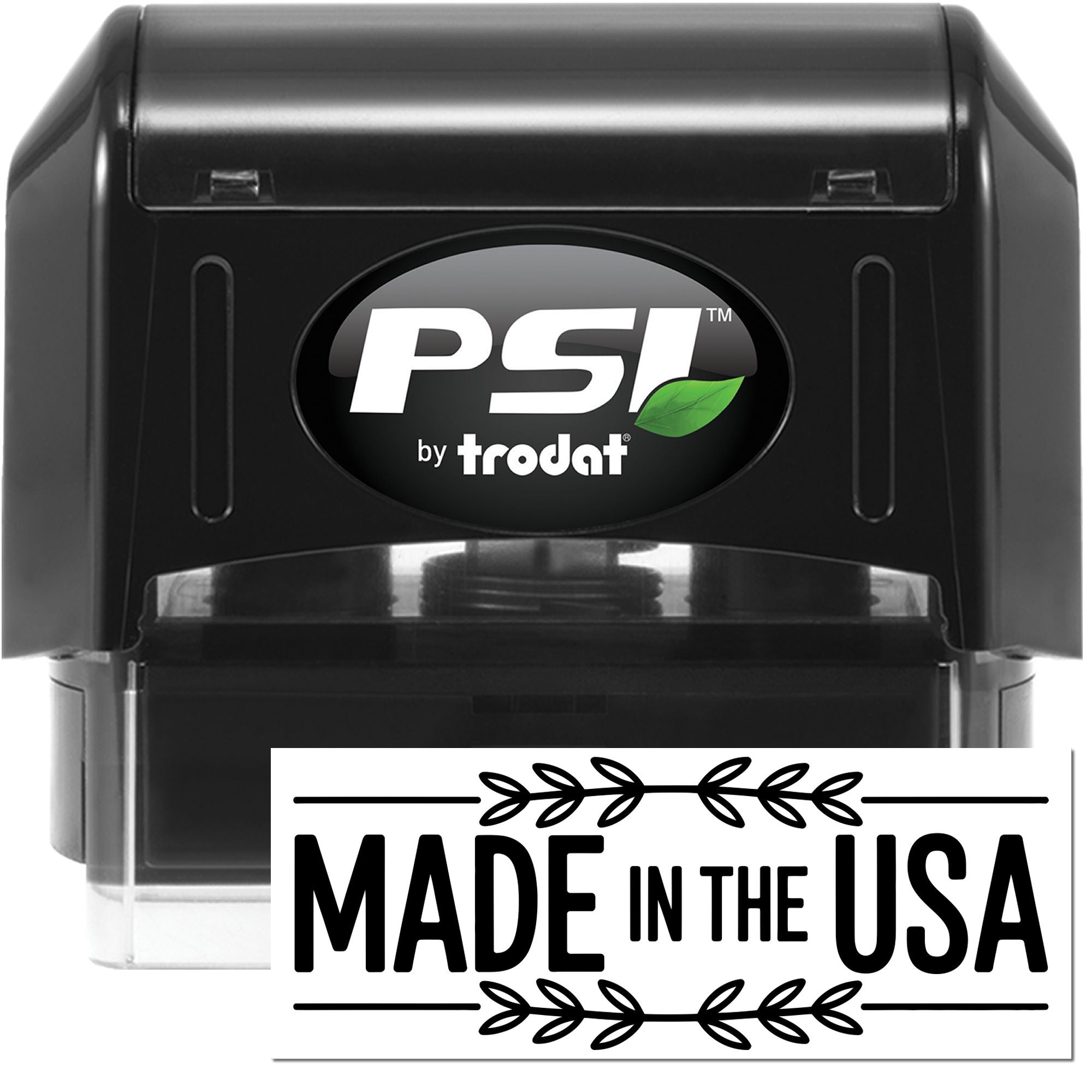 Black PSI by Trodat self-inking custom rubber stamp with Made in the USA imprint.