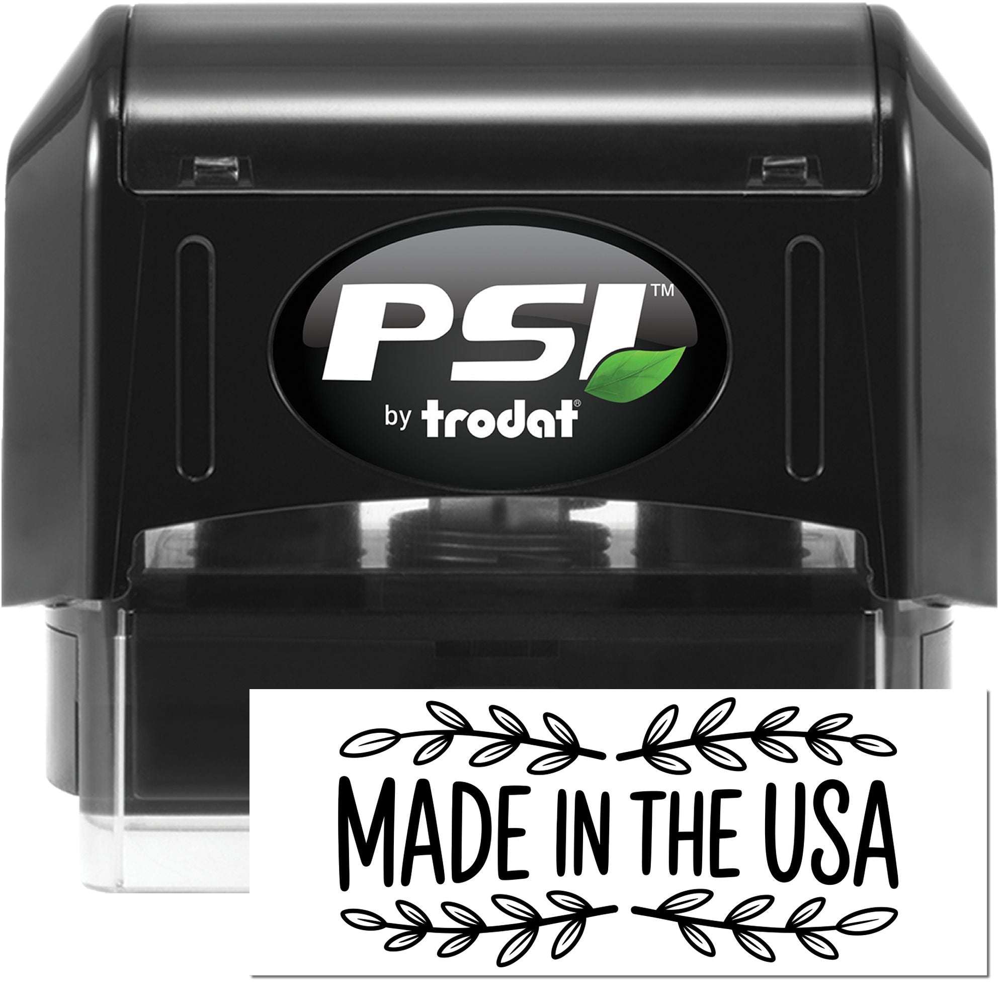 PSI by Trodat self-inking rubber stamp with Made in the USA imprint for custom branding and product labeling.