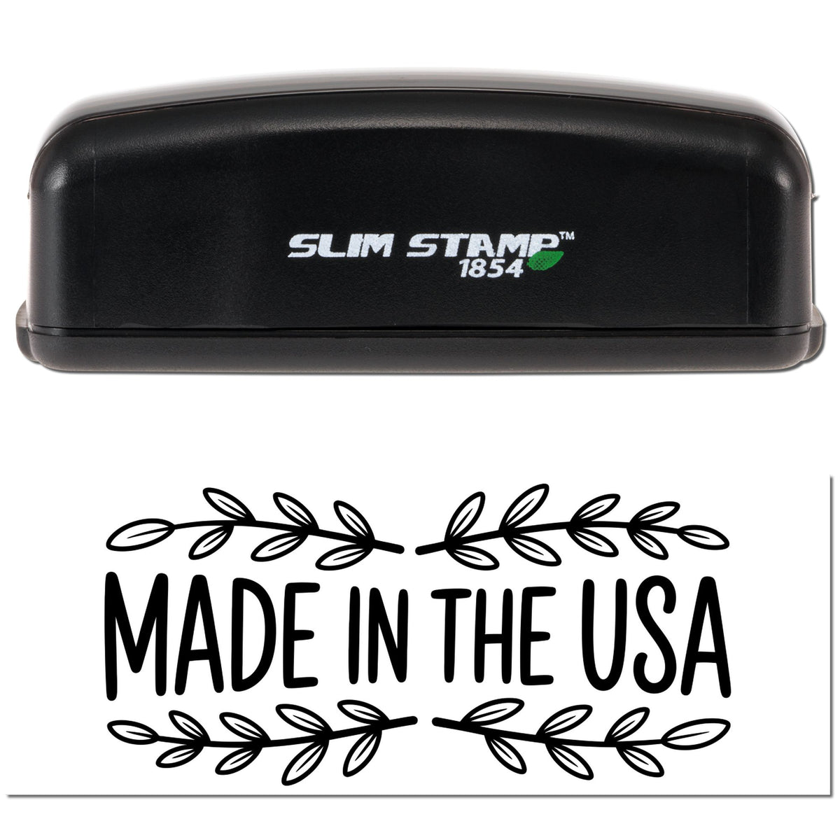 Slim Stamp 1854 self-inking rubber stamp with Made in the USA leaf border for custom product branding.