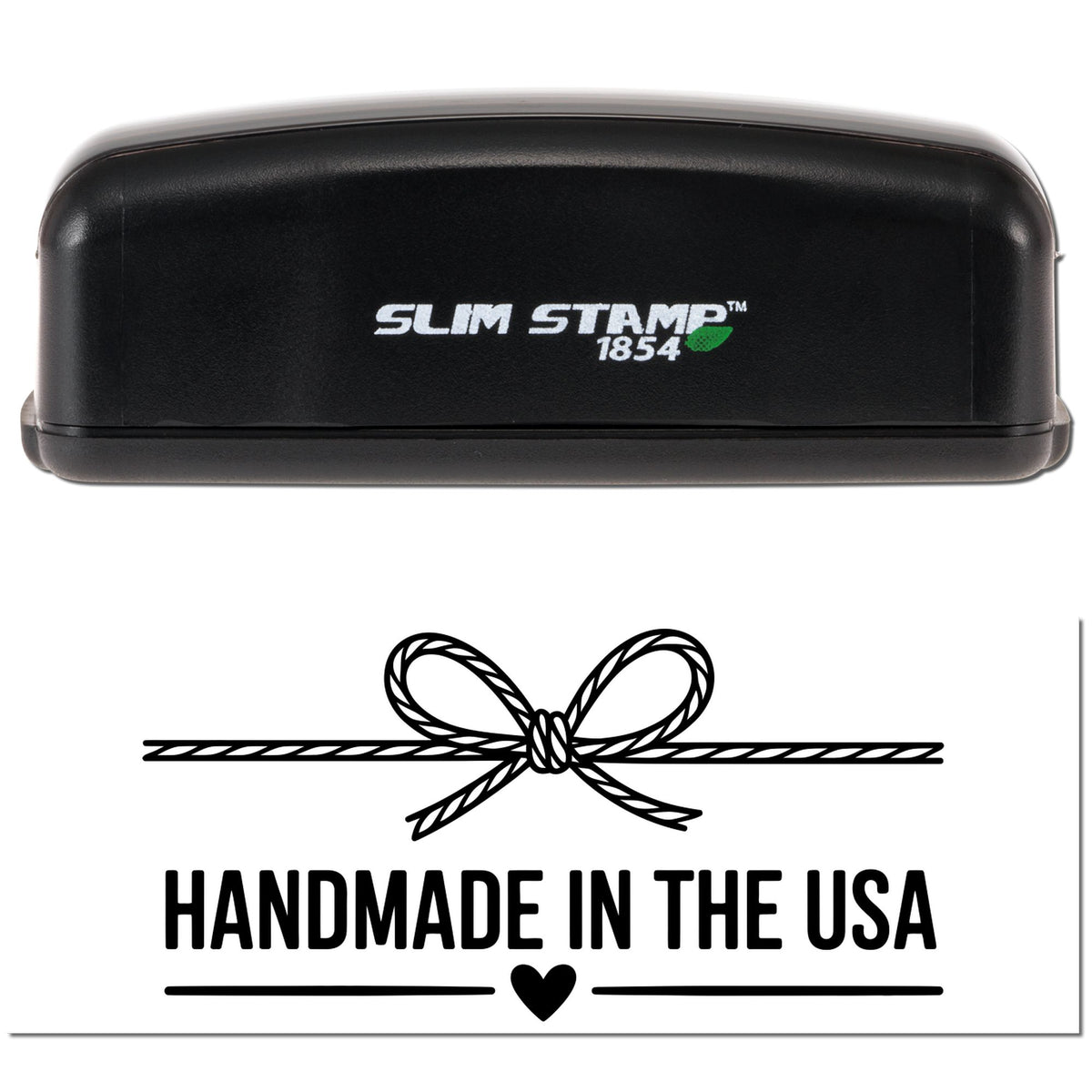 Slim Stamp 1854 rubber stamp with Handmade in the USA design, featuring a rope bow and heart.
