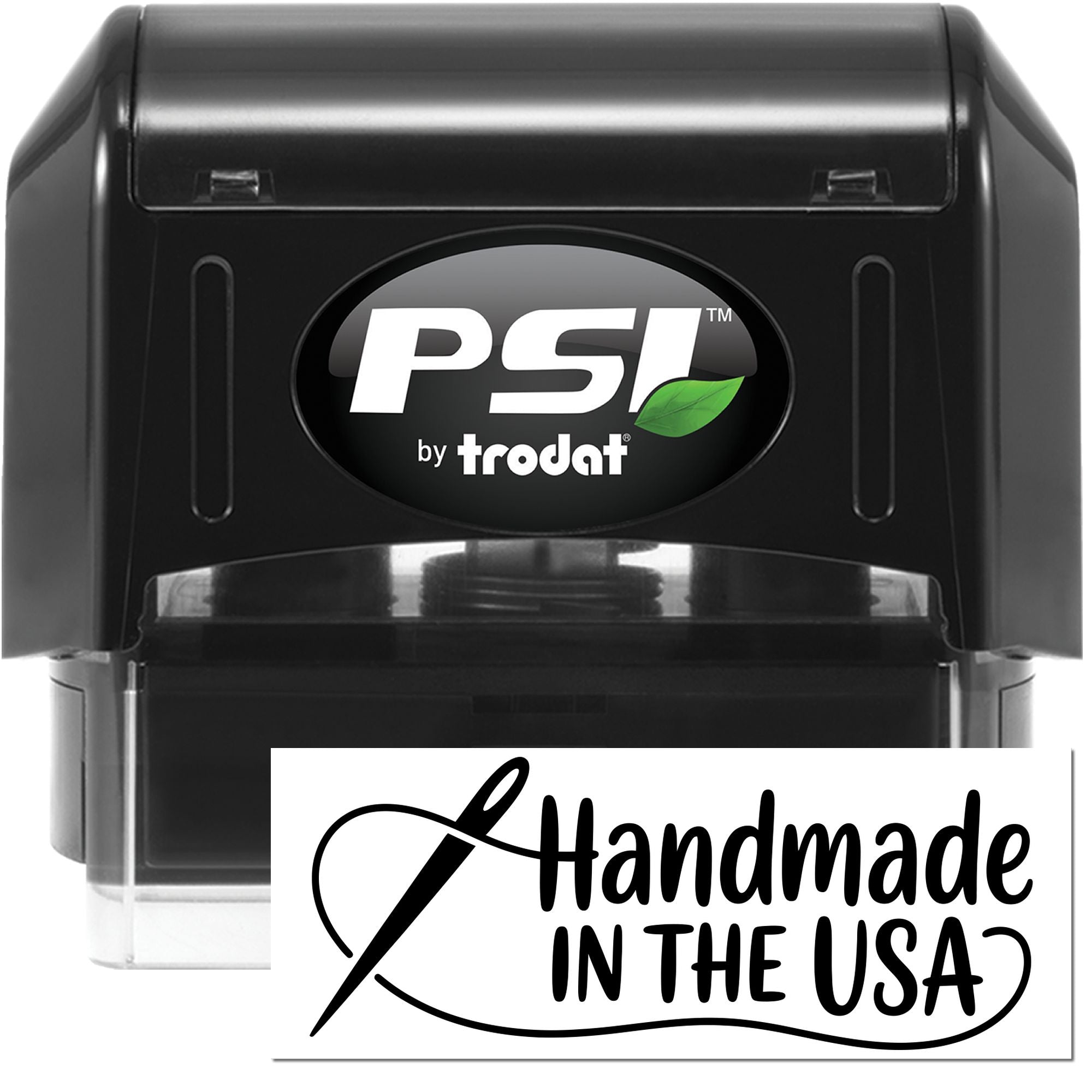 PSI by Trodat self-inking rubber stamp with Handmade in the USA design for branding artisan products.